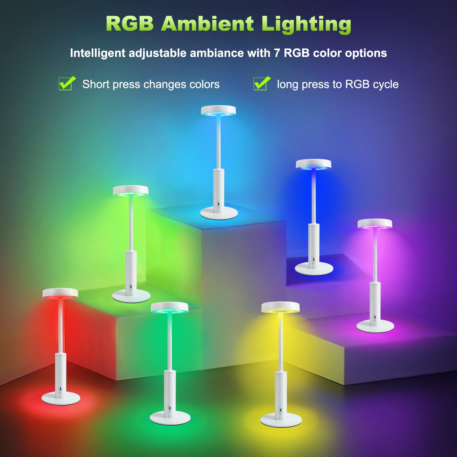 Wowag Cordless Table Lamp,Portable Rechargeable Battery Desk Lamp,3 Cct & 7 Rgb Color Changing Dimmable Bedside Lamp,Touch Contr