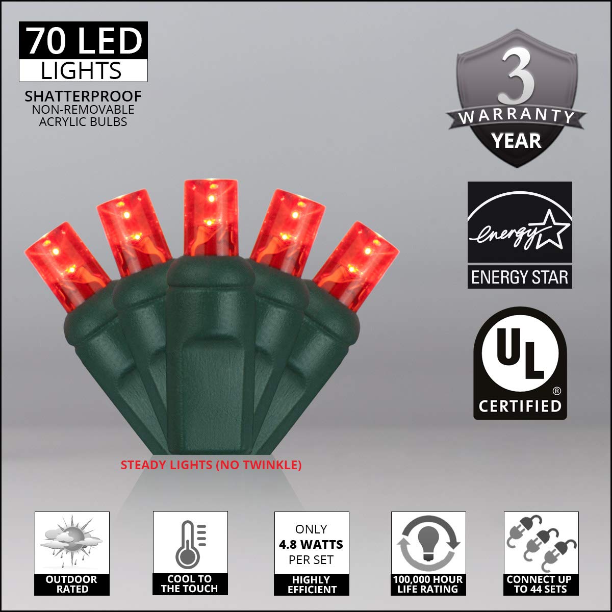 5Mm Led Wide Angle Red Prelamped Light Set, Green Wire - 70 5Mm Red Led Christmas Lights, 4&quot; Spacing