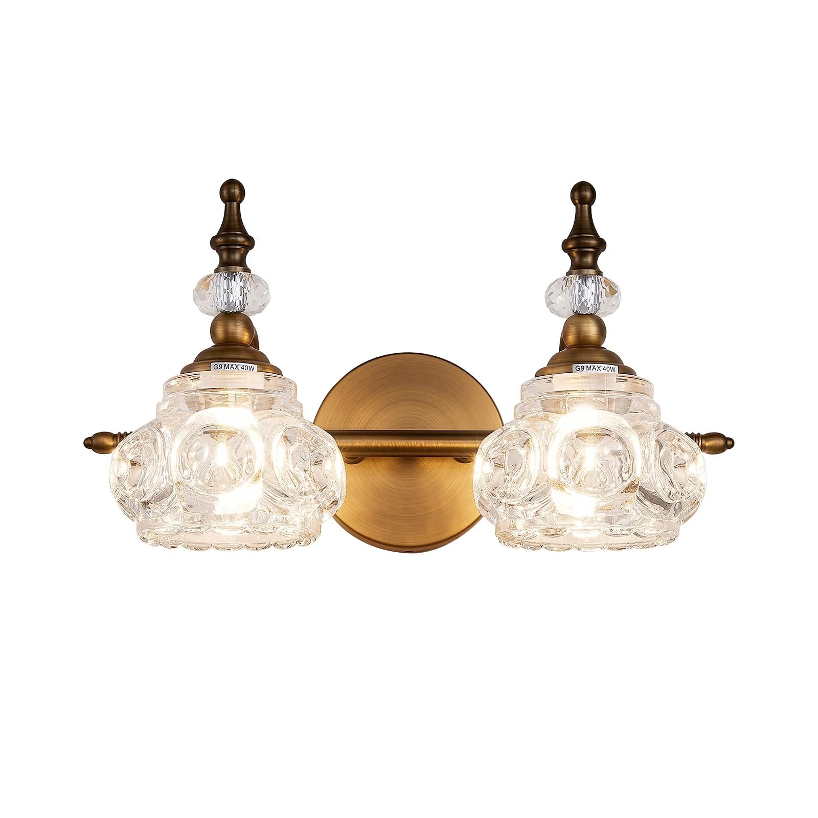 ZILANL 2-Light Vintage Bathroom Vanity Light, Matte Brushed Antique Brass, Crystal Glass Shade, Model MJ-W885-2