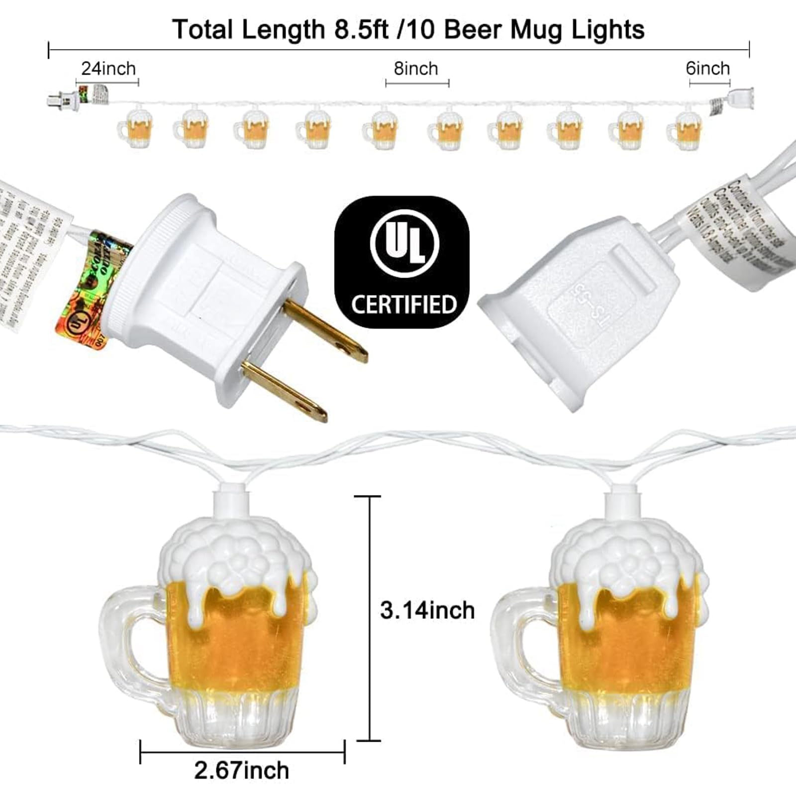 Beer Mug String Lights Plug In, 8.5Ft Summer Beer Party Decorations String Lights With 10 Beer Cup Lights, Hanging Beer Cup Fair
