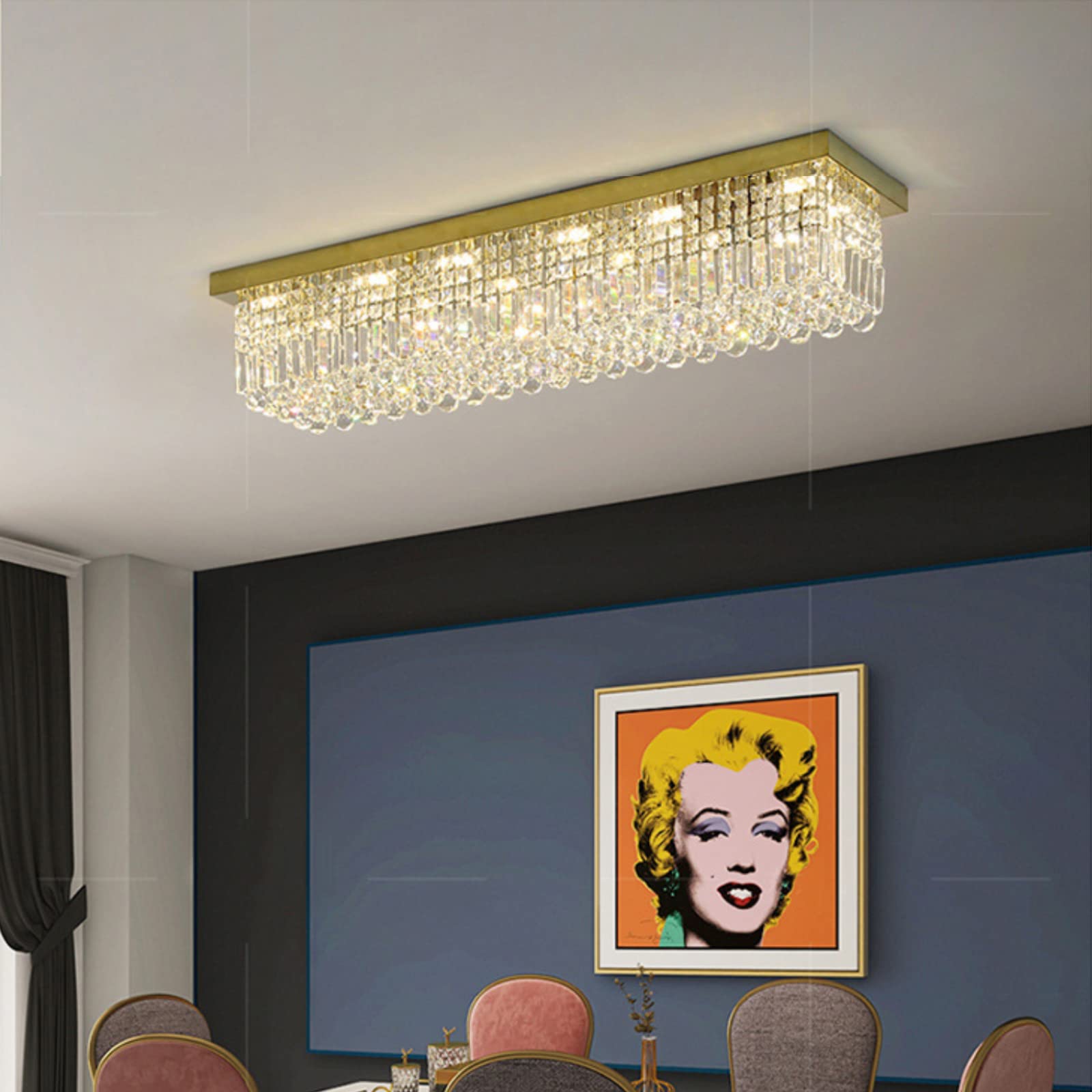 7PM 13-Light Rectangular Chandelier, Modern Brass Flush Mount Light Fixture, 59"x10"x9", Gold Finish for Dining Room & Living Room