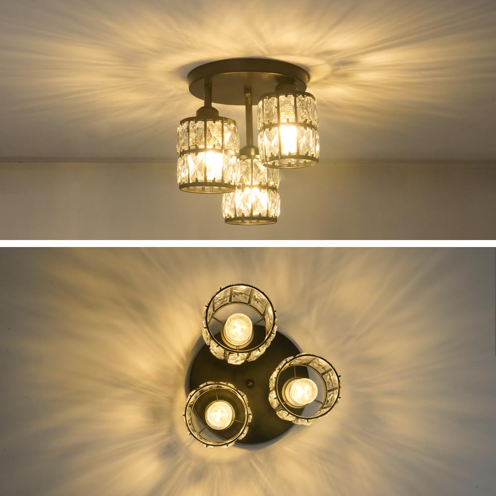 Modern Semi Flush Mount Ceiling Light, 3-Light Black Crystal Close To Ceiling Light Fixtures, Kitchen Light Fixtures With Clear