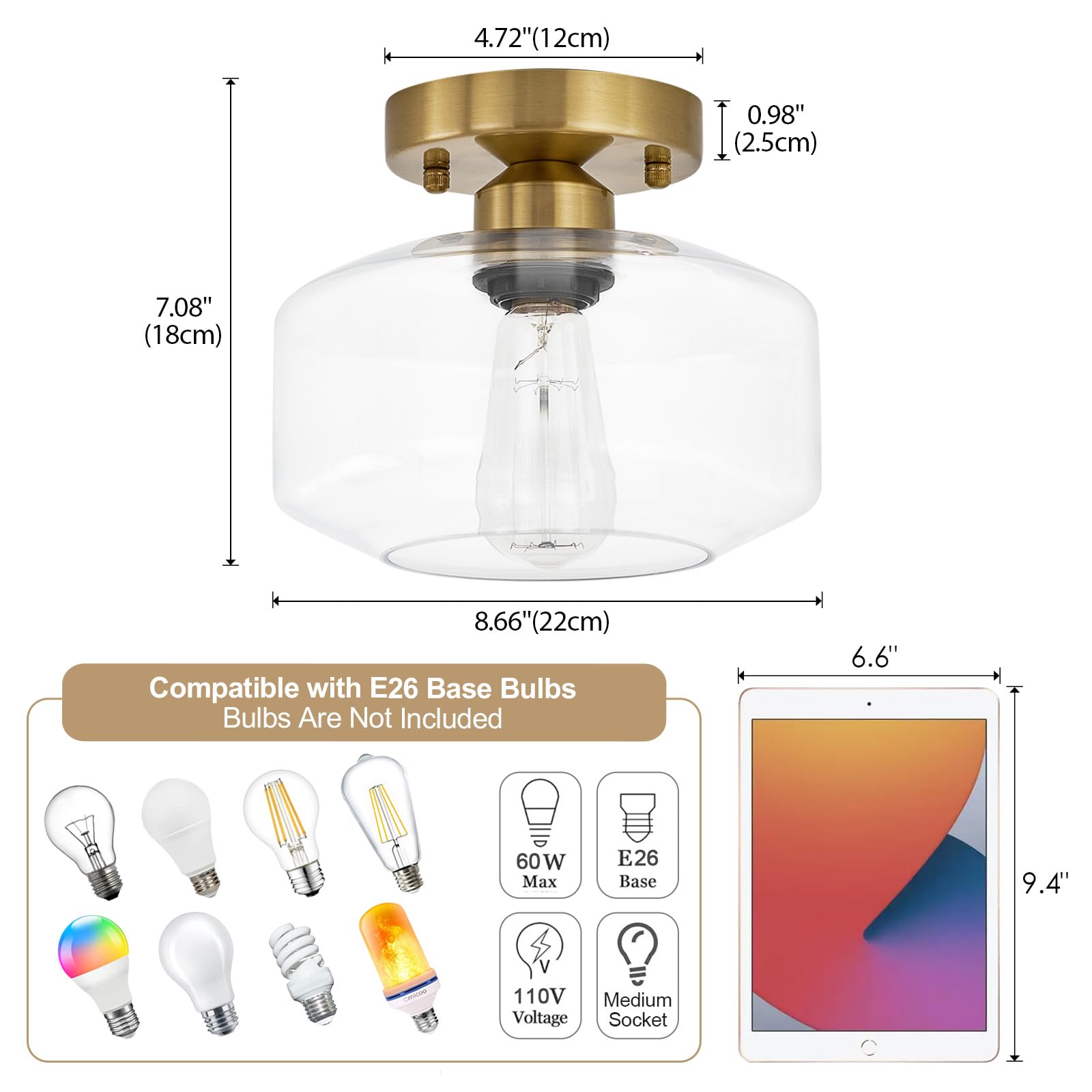 Bisamiya Modern Gold Ceiling Light Fixture, Brass Finish Semi Flush Mount Ceiling Light With 8.66" Clear Glass Shade For Kitchen, Hallway, Entryway, Bedroom, Cafe