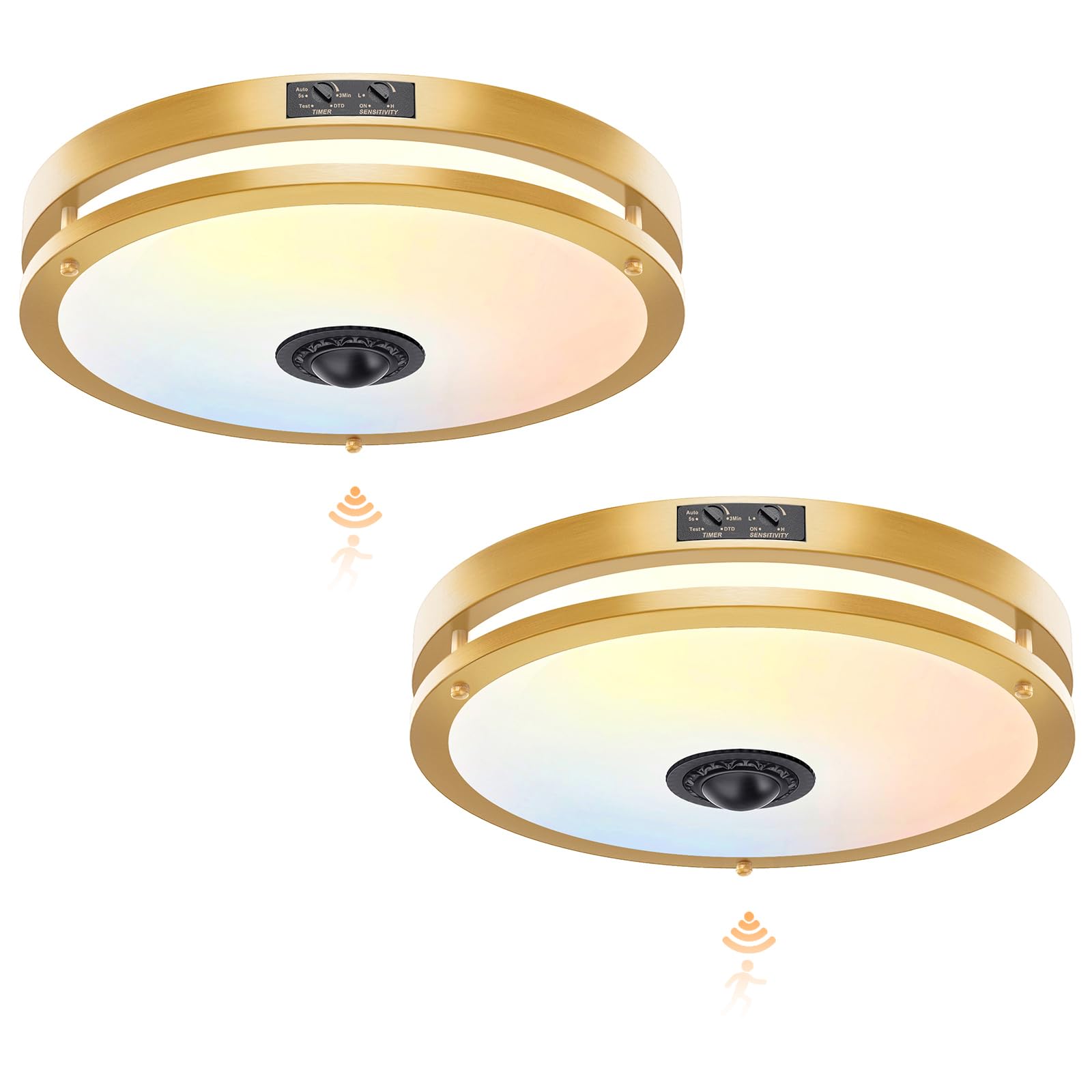OYKYOHEI 2 Pack 24W LED Motion Sensor Outdoor Ceiling Light  12IN 2700K/3000K/3500K/4000K/5000K Adjustable Ceiling Lights  Dusk to Dawn Flush Mount LED Ceiling Light Fixture for Porch  Garage  Gold