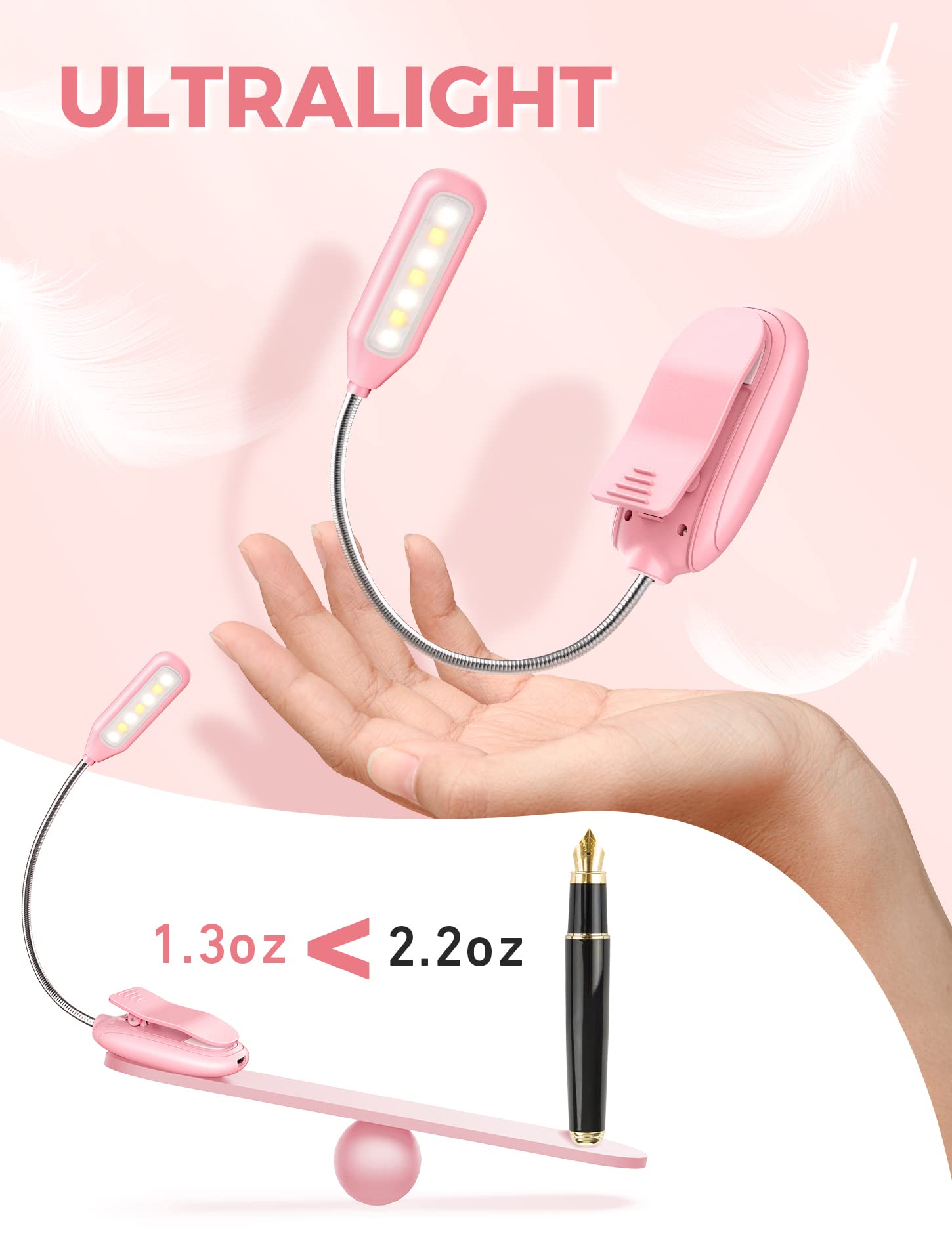 Monotremp Book Light Clip-On Rechargeable, 3 Brightness Levels, Metal Gooseneck, 1 Pack, Pink, Model MT538