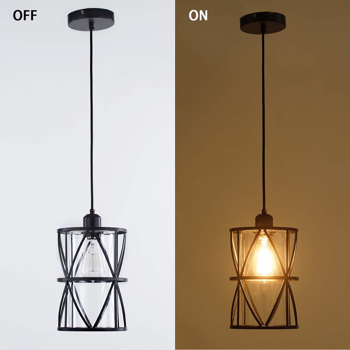SHENGQINGTOP Black Industrial Metal Pendant Light, Clear Glass Shade, Medium Size, Model SQ-BL-08
