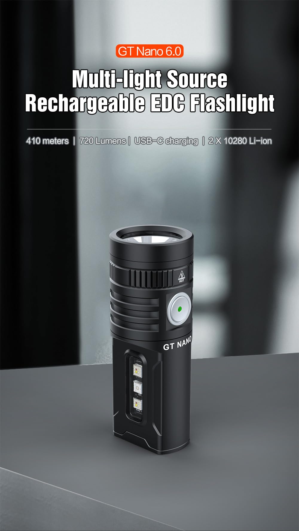 LUMINTOP GT Nano 6.0 Mini Thrower Flashlight, 720 Lumens, USB-C, IPX-8 Waterproof, Aluminum, Black