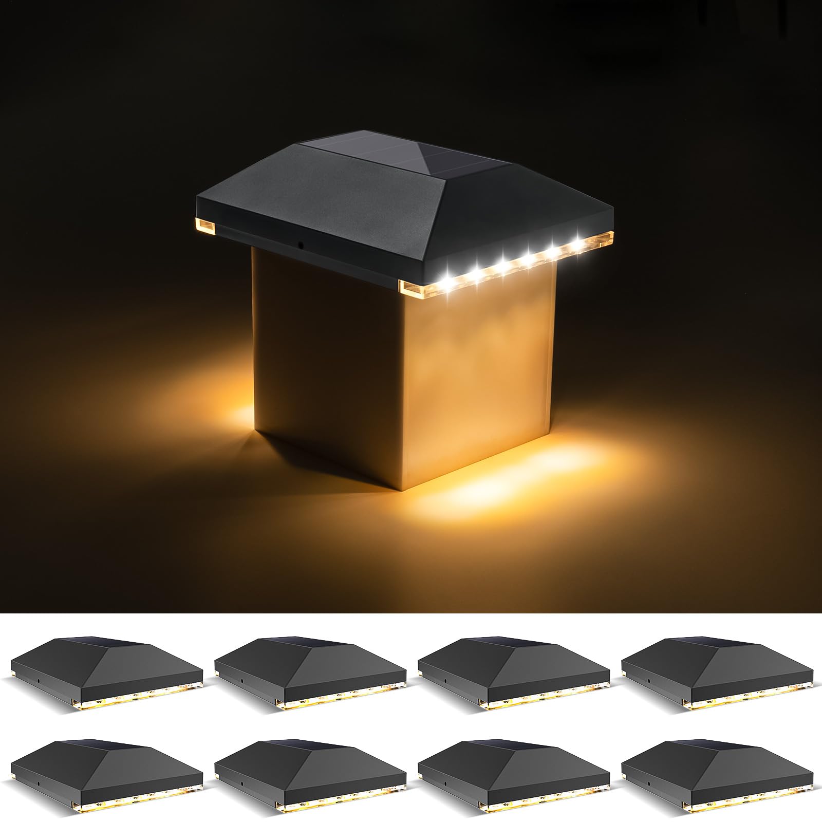VOLISUN Solar Post Cap Light, 4x4 Outdoor Waterproof, 8 Pack, Black, Model 21289ZM, for Garden/Patio/Porch