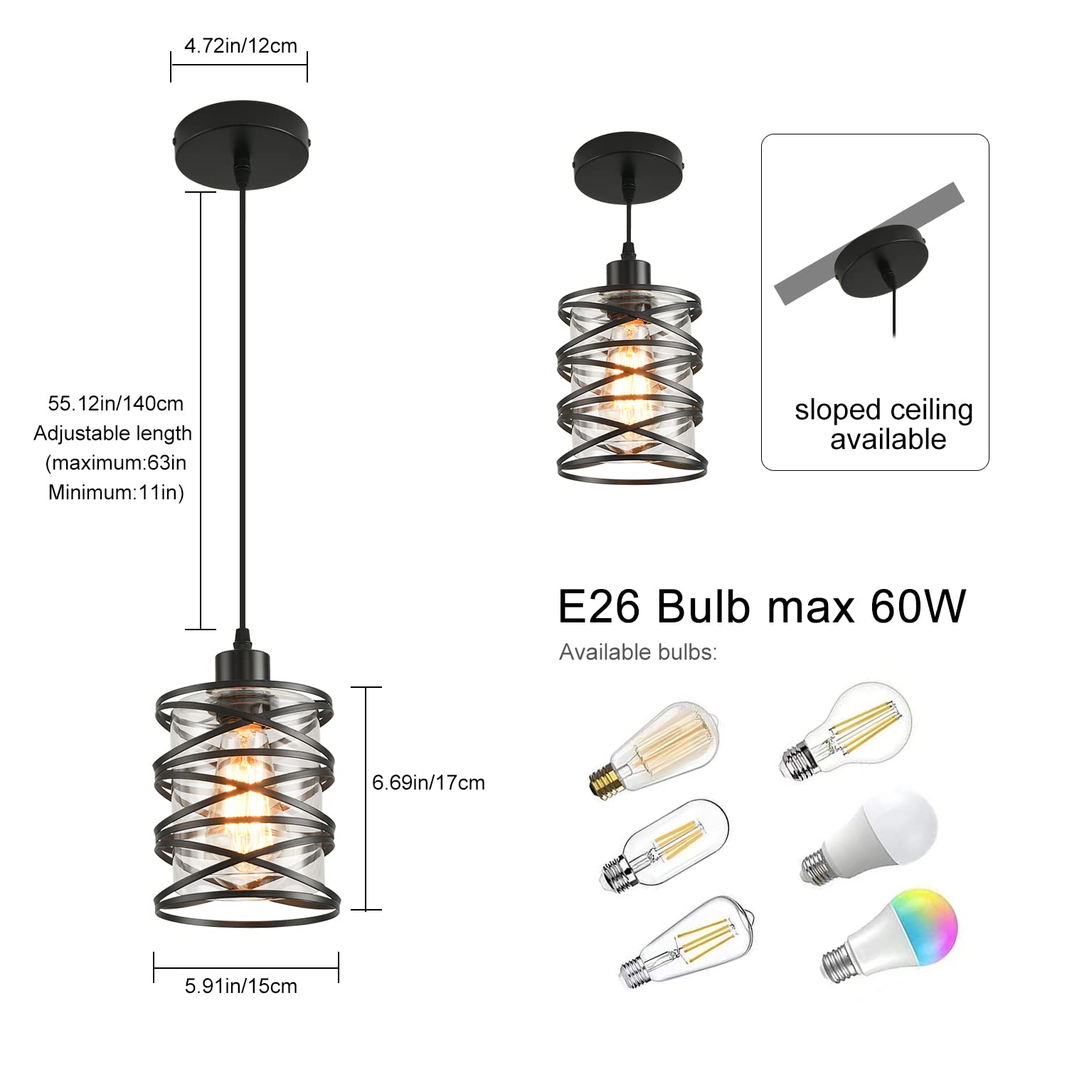 IHENGYANLT Black Spiral Cage Pendant Lights, 2 Pack, Clear Glass Shade, Ideal for Kitchen Island, Dining Table, Model PM1715-2