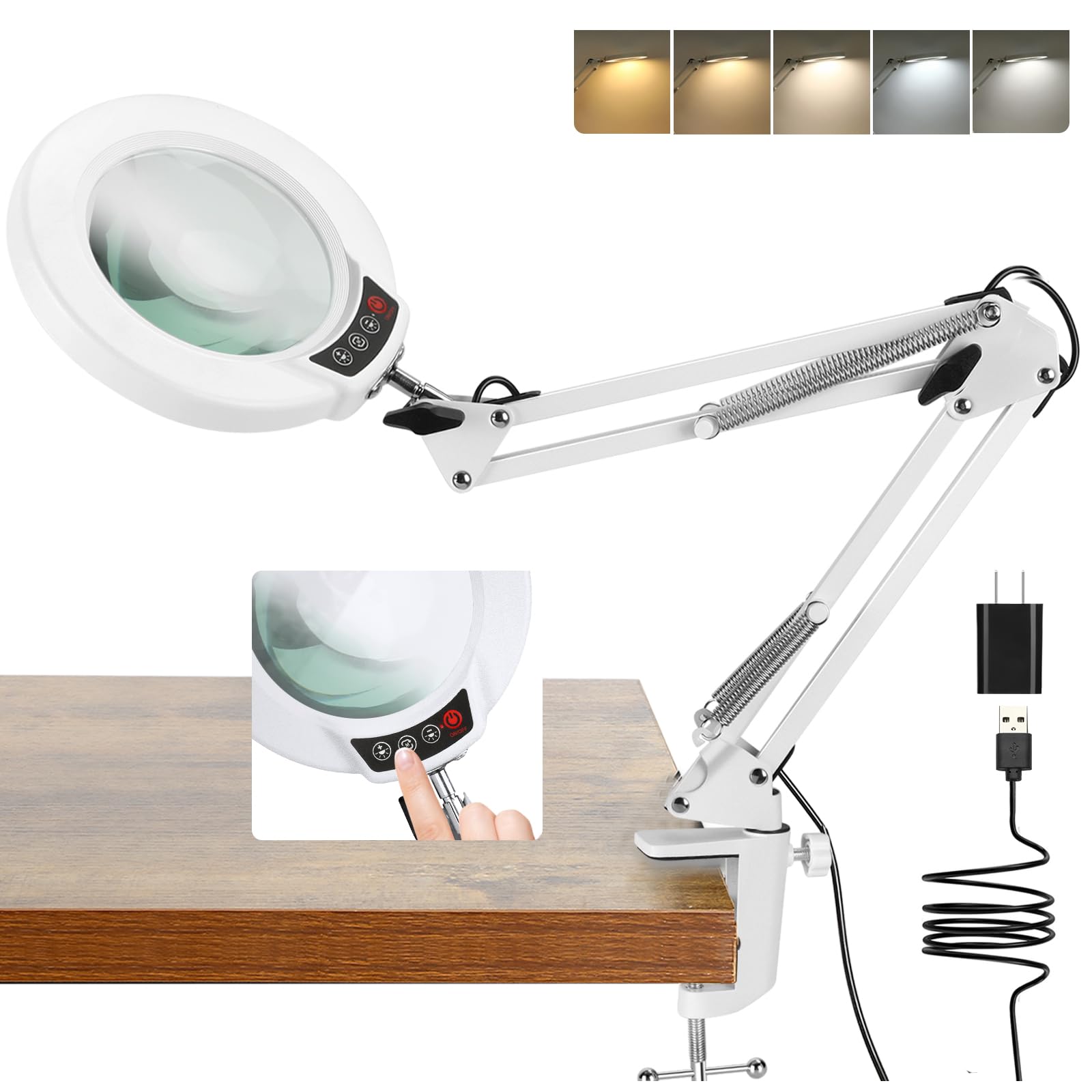 Coyeth 10X Magnifying Glass with Light, Metal Clamp, Stepless Dimmable LED, White, Model CML-W6