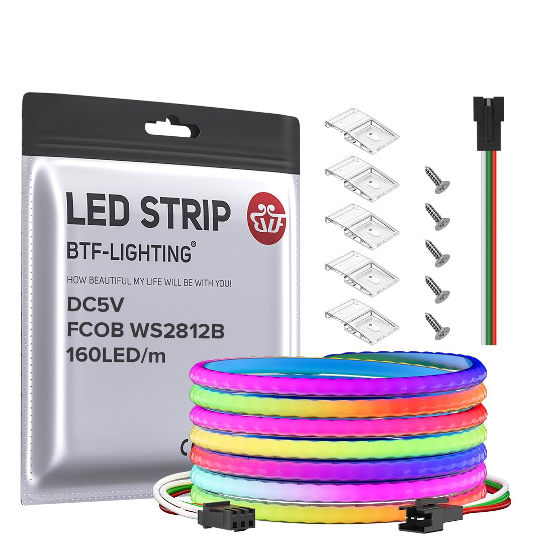 BTF-LIGHTING FCOB COB XGB1338(WS2812B) Individually Addressable IC RGB 160LED/m 640IC LED Strip DC5V 13.1FT 5mm Width Dream Chas