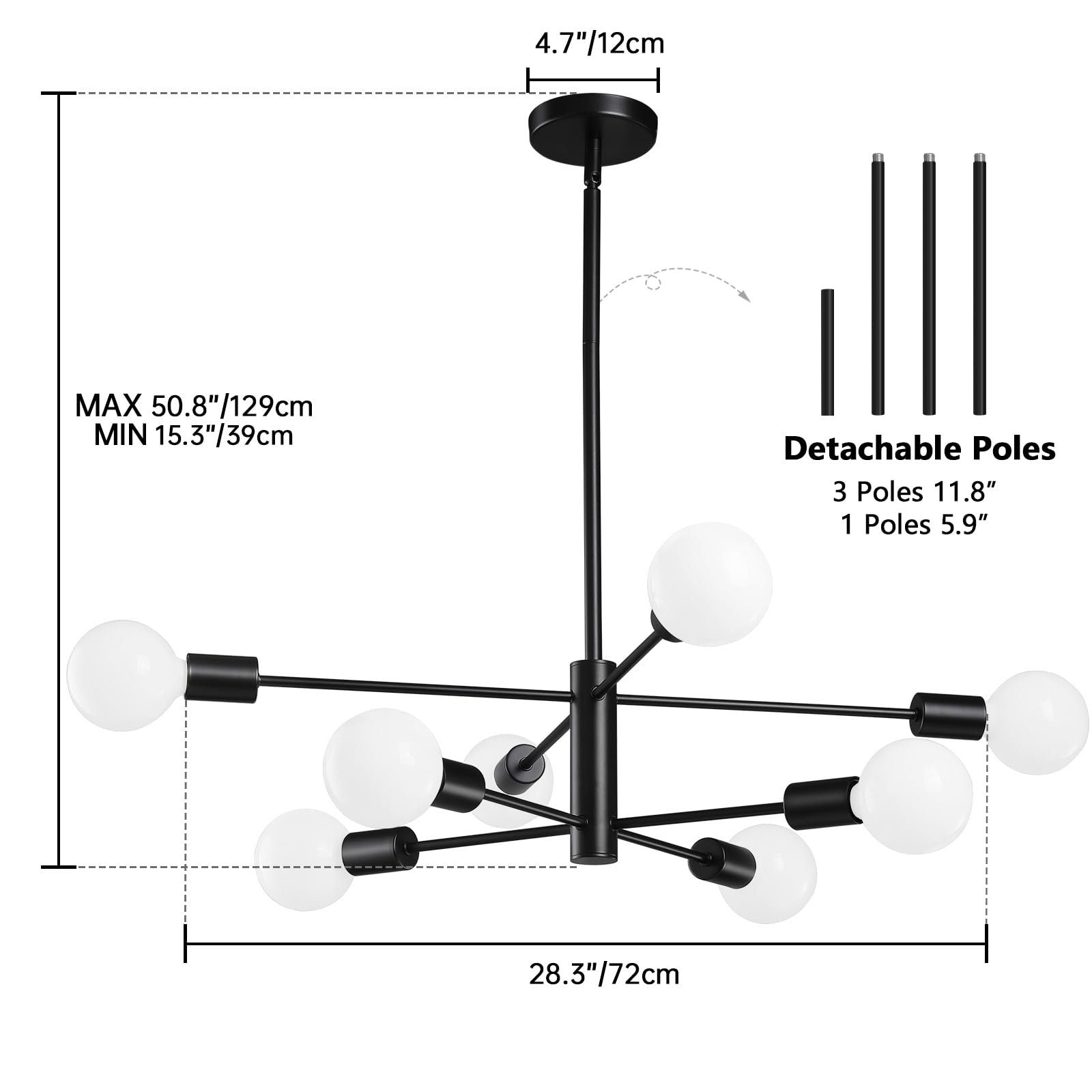 Ruiyey Modern Sputnik Chandeliers Light, 8-Light Black Chandeliers For Dining Room, Height Adjustable Ceiling Lights Farmhouse C