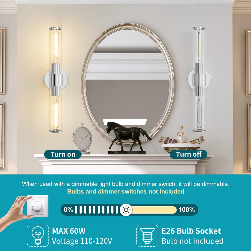 Vaziden Chrome Wall Sconce  Bathroom Light Fixtures In Clear Glass Indoor Wall Sconces  Modern Sconce Wall Lighting Up And Down Vanity Lights Fixtures For Bathroom Living Room - Bulb Not Included