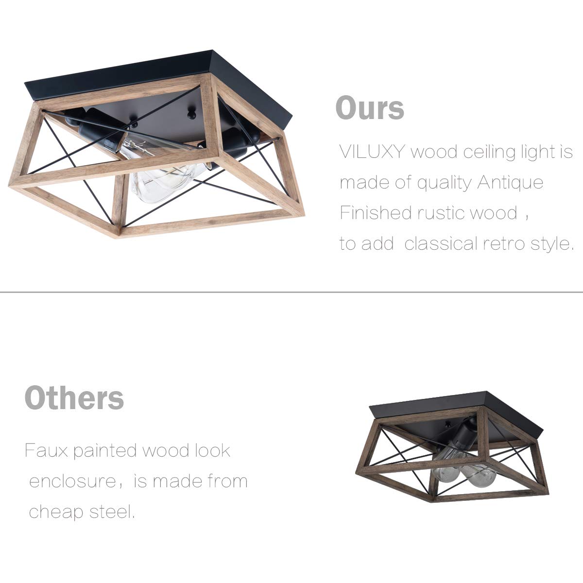 VILUXY Farmhouse Wood Flush Mount Ceiling Light Fixture - 2-Light Square Lamp - Light Wood - Model VILUXY-FL-2SQ-LW