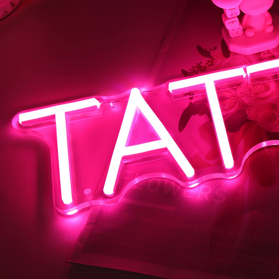 Britrio Neon Sign Light - Pink TATTOO Wall Art Decor for Salon, Studio, Shop - 15.75x4.17 inches, Acrylic, USB Powered with Dimmer