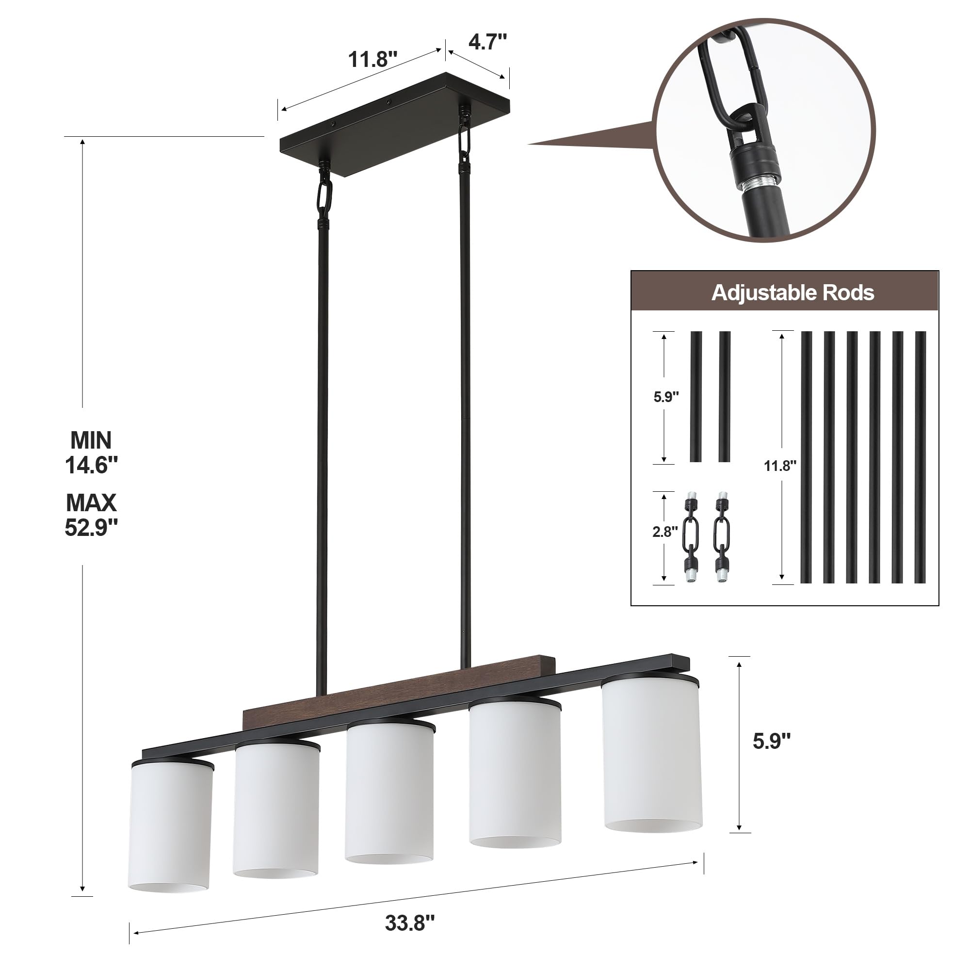 Mecgirn Black Pendant Light Fixtures, 5 Light Linear Chandelier with Milk Glass Shade for Dining Room and Kitchen Island, Model D0016-5-M