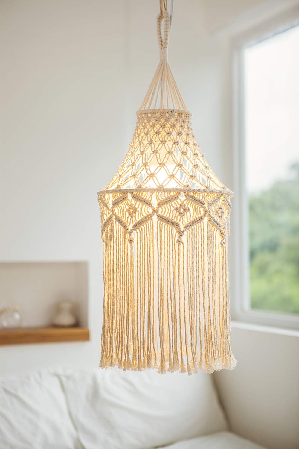 Mkono Macrame Lamp Shade Boho Hanging Pendant Light Cover Bohemian Lamps For Office Bedroom Living Room Nursery Dorm Decor (Lightbulb Not Included)