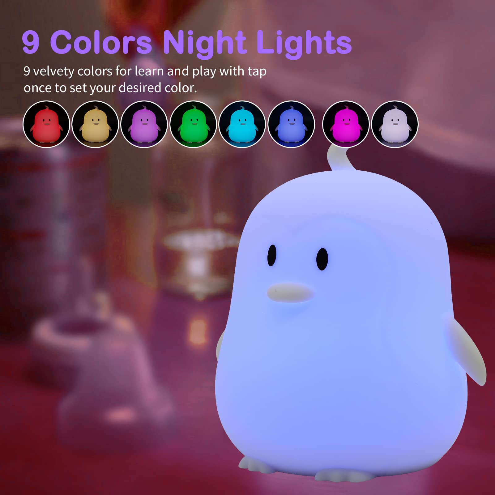 Kids Night Light Penguin Gifts Night Lights - Lamp 9 Colors Cute Animal Desk Lamp Cool Aesthetic Portable LED Tap Nightlight Bat