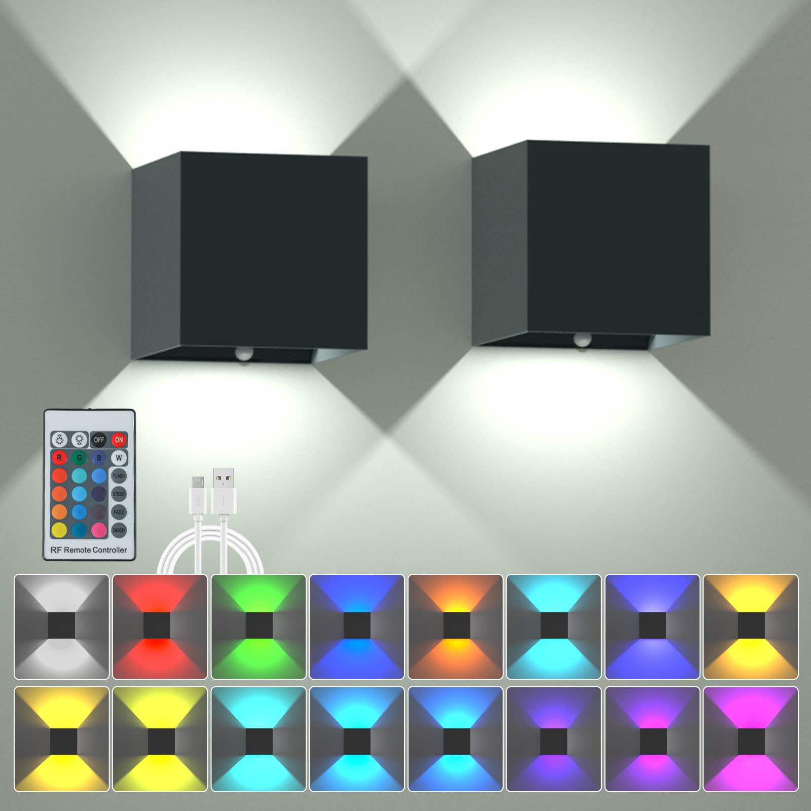 SURPALIG RGB Wall Sconces Set of 2, LED Lights, 16 Colors, Rechargeable, Remote Control, Black