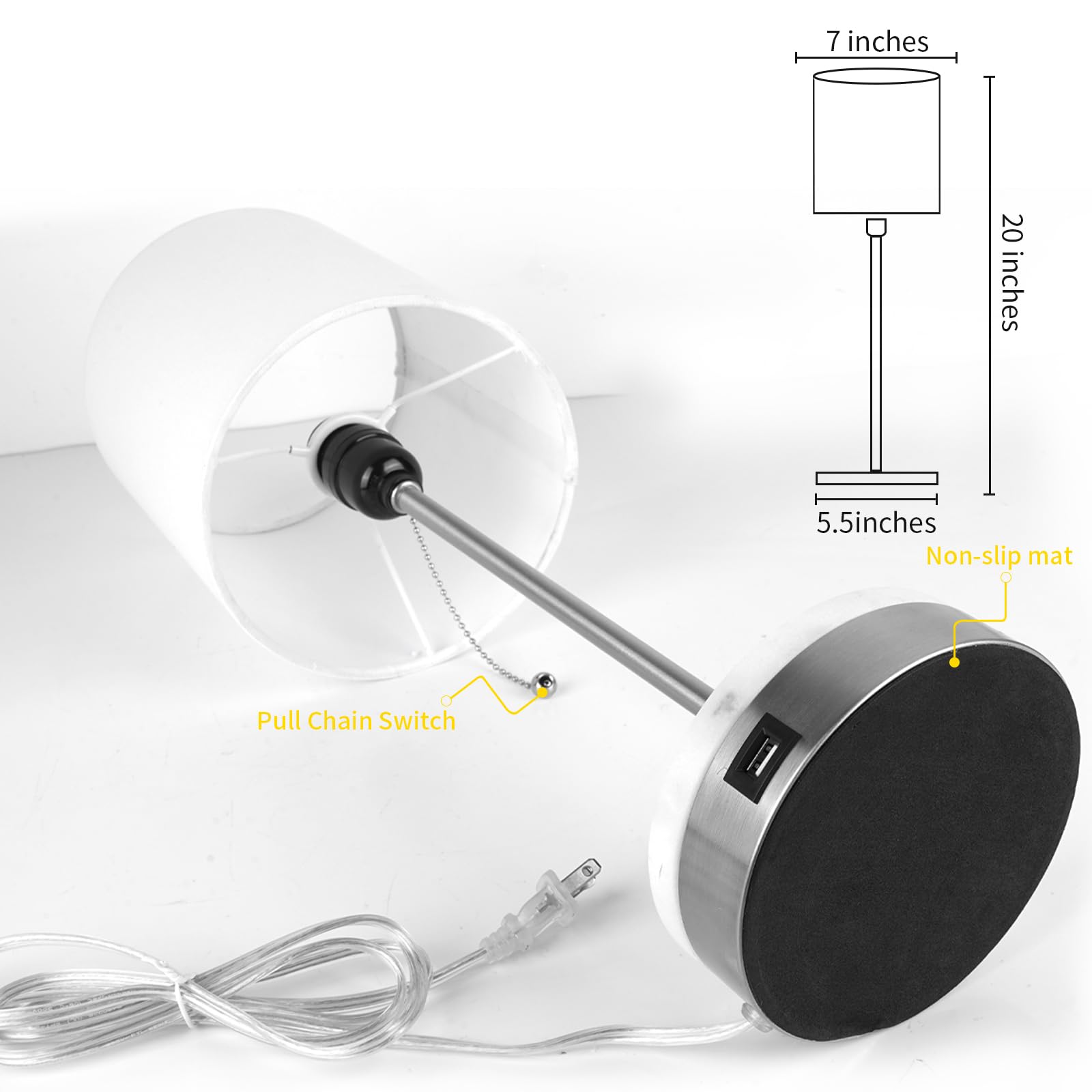 Velxee Marble Table Lamp, Bedside Lamps With Pull Chain For Bedroom, Lamp For Night Stands With Usb Ports And Square Shade For L