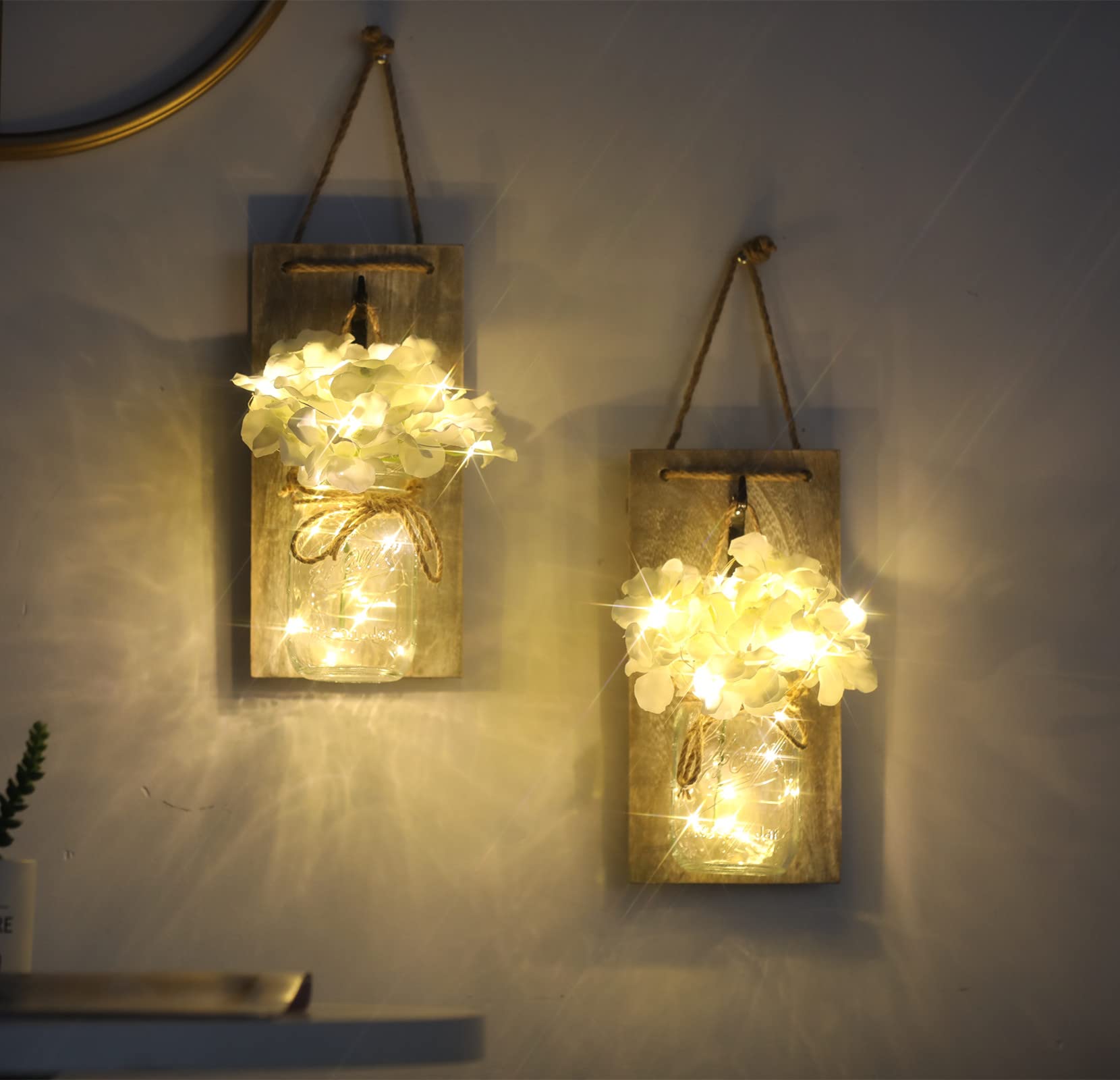 Lightess Mason Jar Wall Lights With Remote Control, Rustic Bedroom Wall Decor, Hanging Battery Powered Jar Sconce With Led Fairy