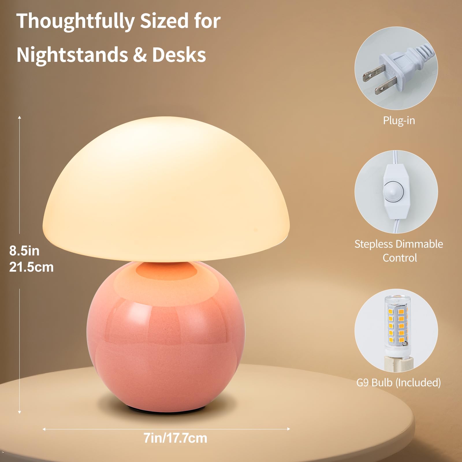 Adebime Ceramic Base Table Lamp with Milky White Glass Shade, Vintage Dimmable Design, Pink, Model HQ-74018-1T-PK