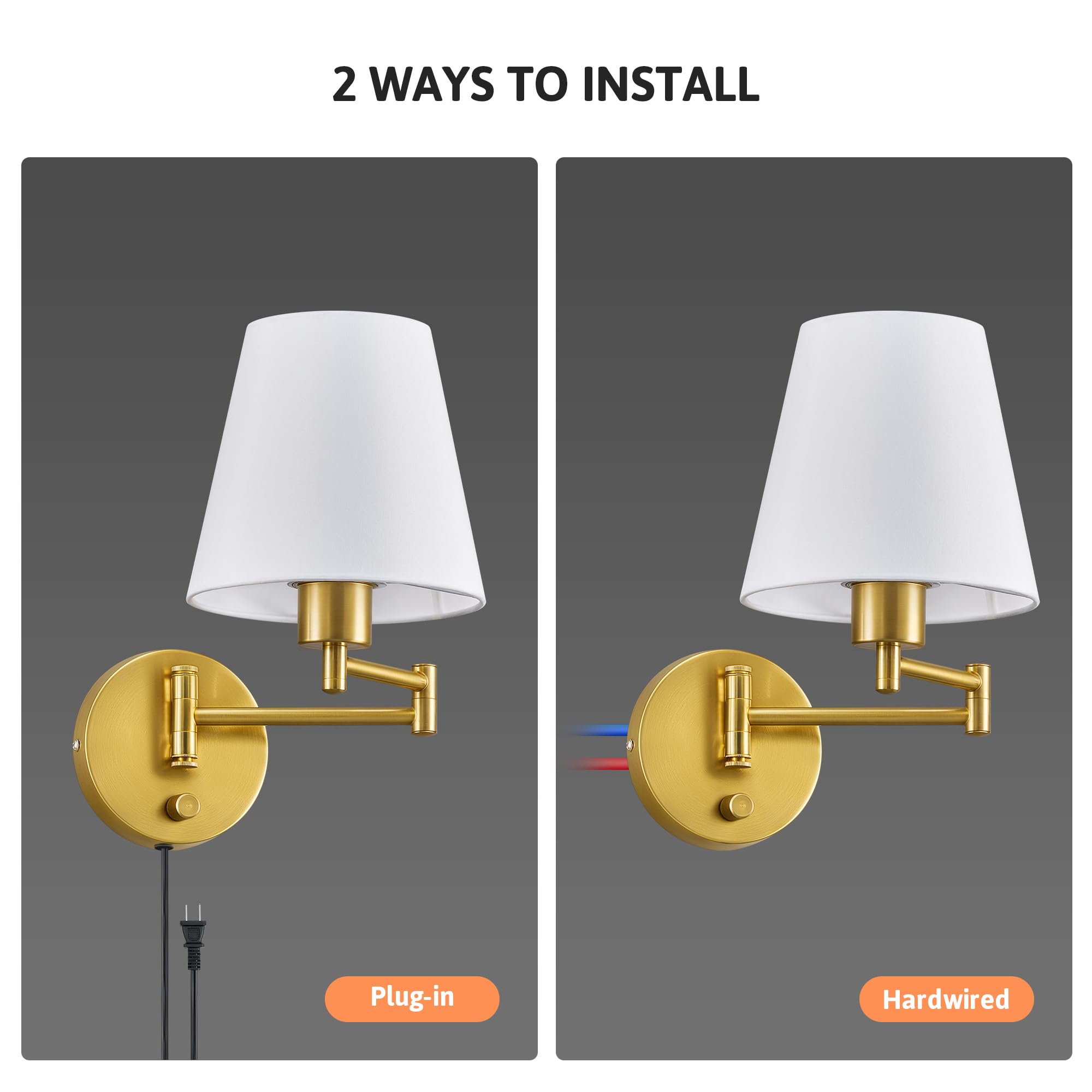 Vonluce Wall Sconce Set Of 2, Plug In & Hardwired Swing Arm Wall Lamps, Adjustable Wall Mounted Lighting Fixtures, Modern Wall L