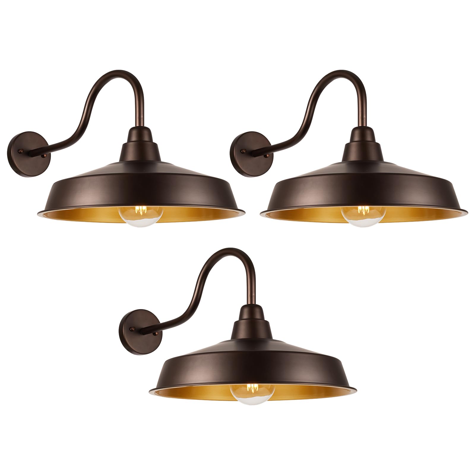 Diyel Gooseneck Barn Light Fixture, 16 Inch, Iron, Bronze & Gold, 3 Pack, Outdoor Wall Sconce for House, Garage, Entryway