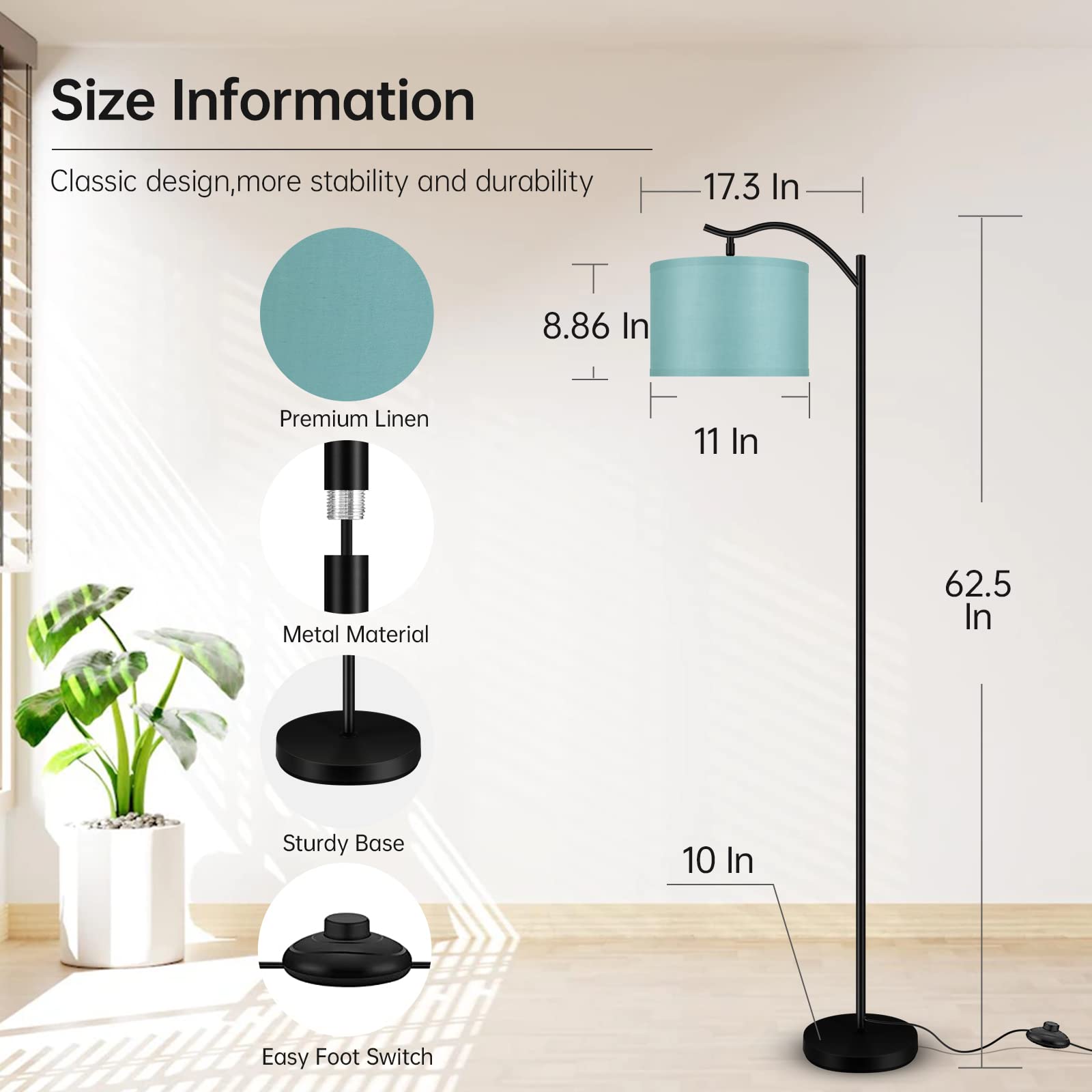 BoostArea Mid Century Arched Floor Lamp - Green Linen Shade, E26 Socket, Footswitch, Ideal for Living Room, Bedroom, Office