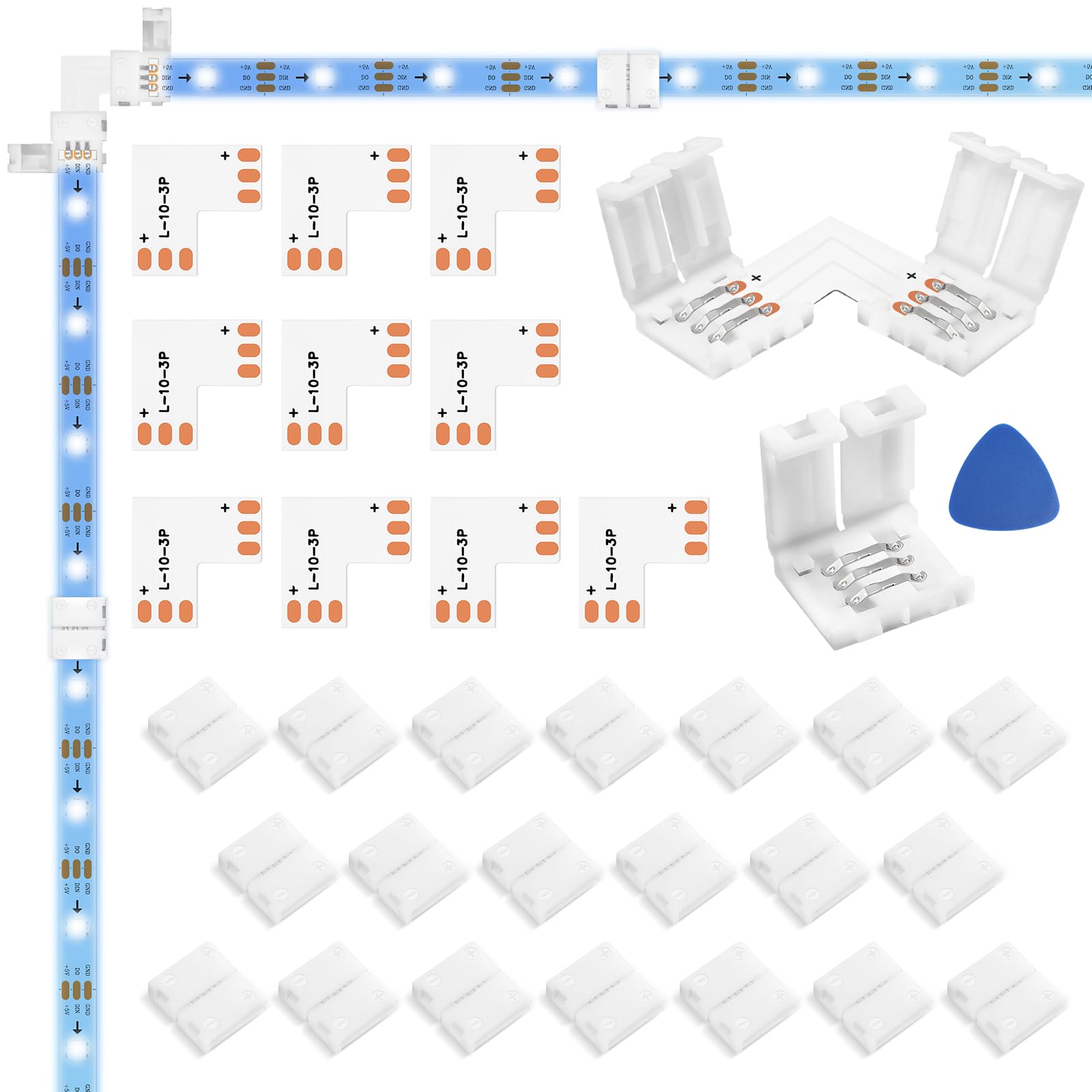 WENHSIN 10-Packs L Shape 3-Pin LED Connectors for LED Strip Lights 10MM Width Unwired Gapless Solderless Adapter Extension