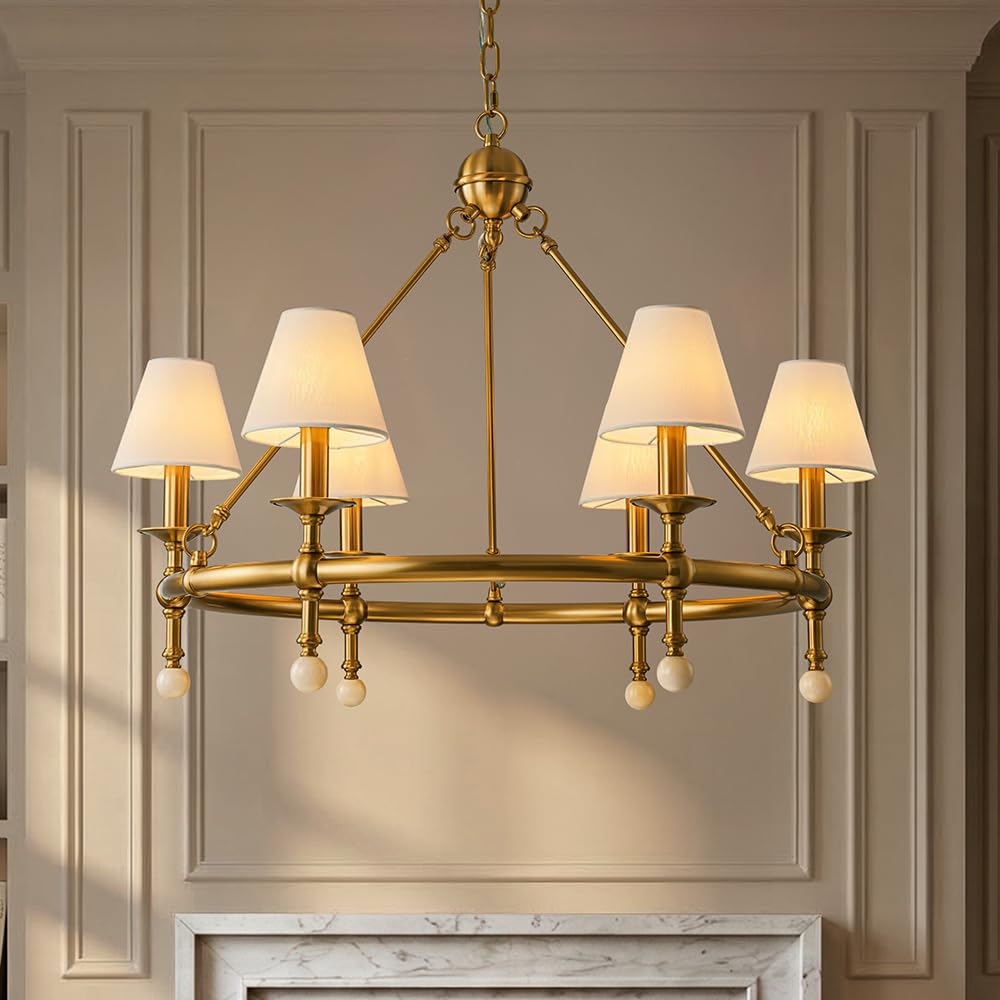 ALOADECOR 6-Light W34 Inch Warm Brass Statement Chandelier with White Pleated Fabric Shades and Alabaster Finials Large Round De