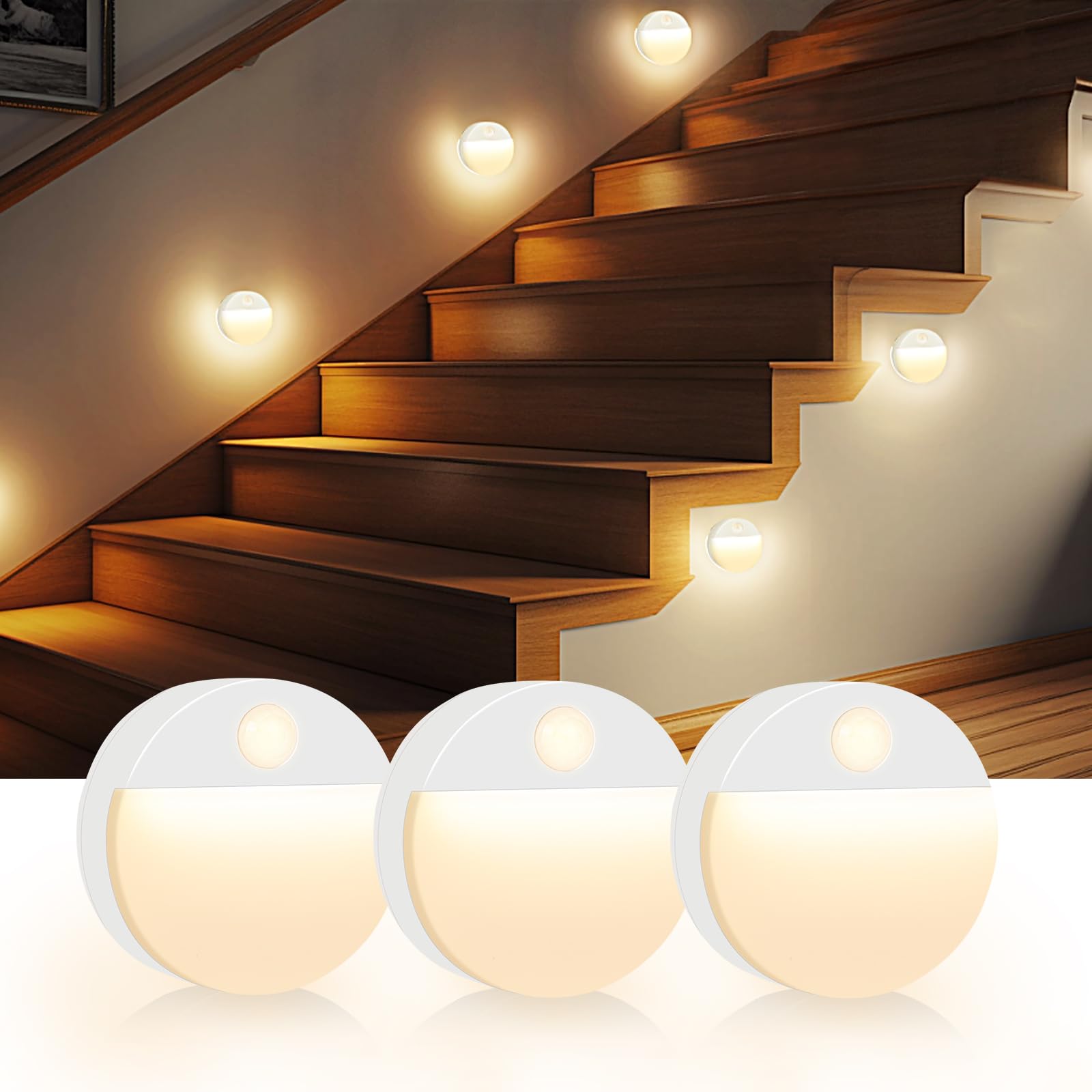 Guankai 3 Pack Motion Sensor Stair Light for Indoor, Battery Operated Closet Lights, Led Stick On Puck Lighting Night Lamp, Moti
