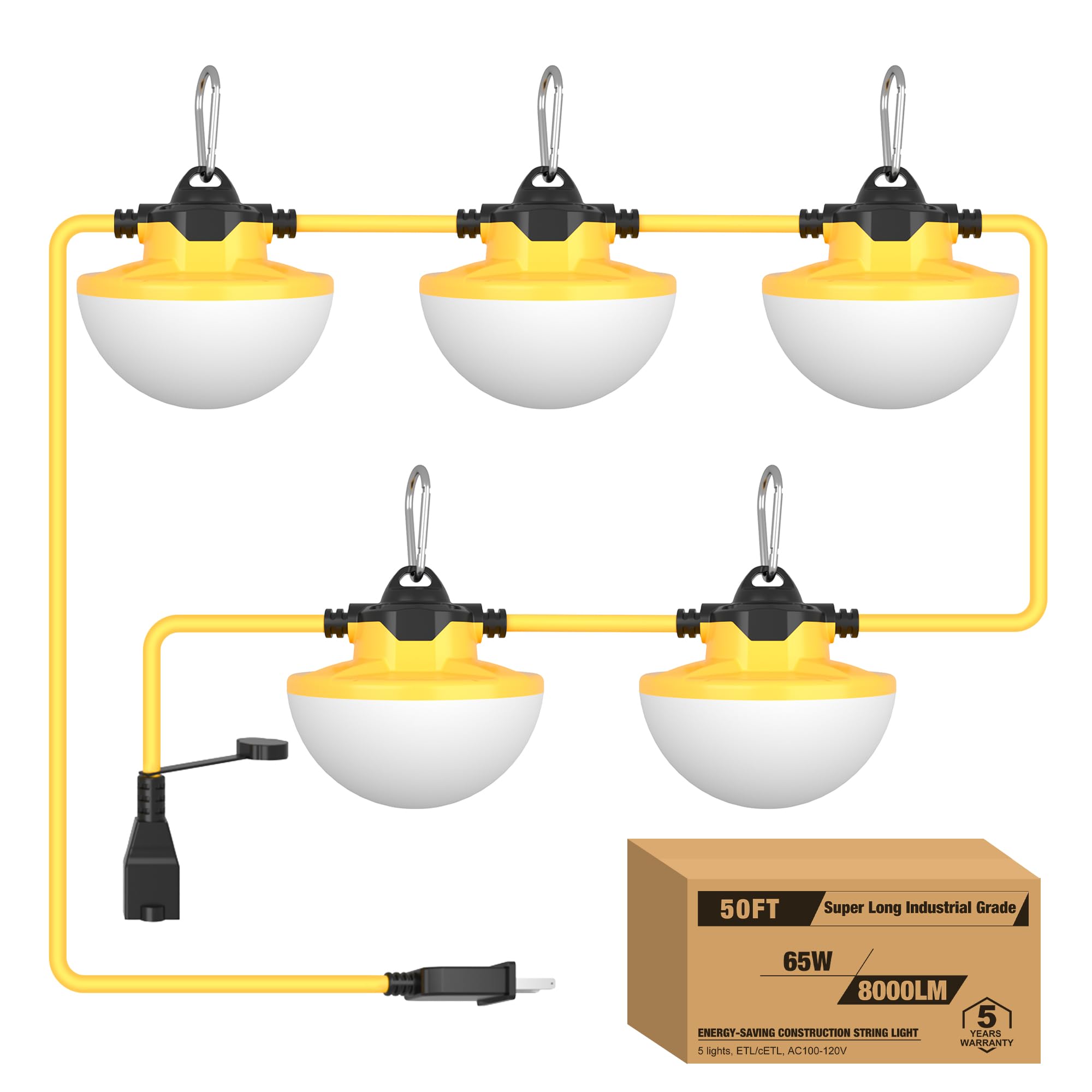 Yxl 65W 8000Lm Construction Lights String 50Ft Industrial Led String Work Lights, Ip65 Waterproof 18Awg Wire 5000K 123Lm/W Super Bright For Construction Sites Temporary Work Jobsites Outdoor Lighting