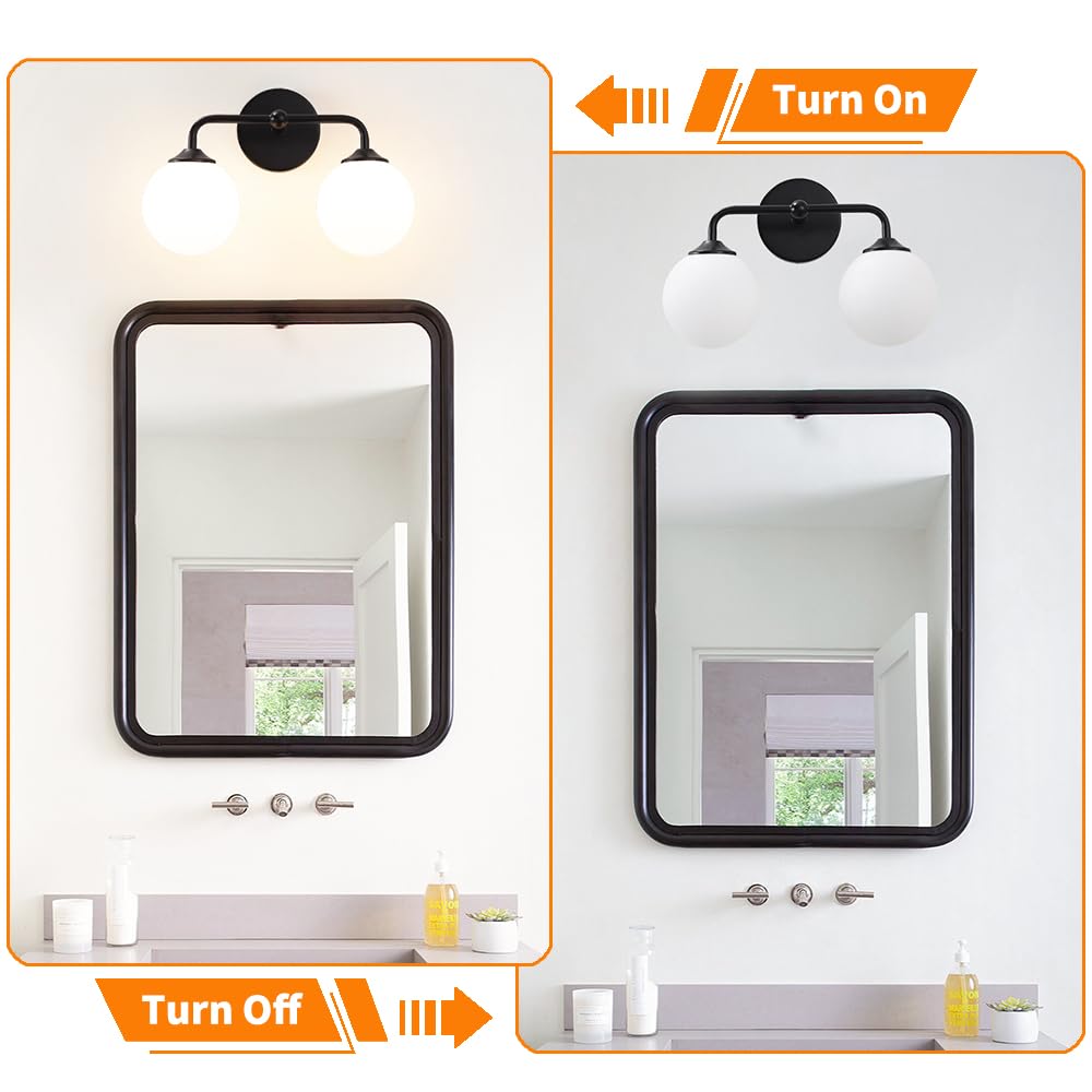 Industrial Matte Black 2-Lights Bathroom Light Fixtures  Vanity Wall Sconce Lighting With Milky White Glass Shade  Modern Bathroom Vanity Lighting  Wall Sconces Over Mirror Dressing Table Bedroom