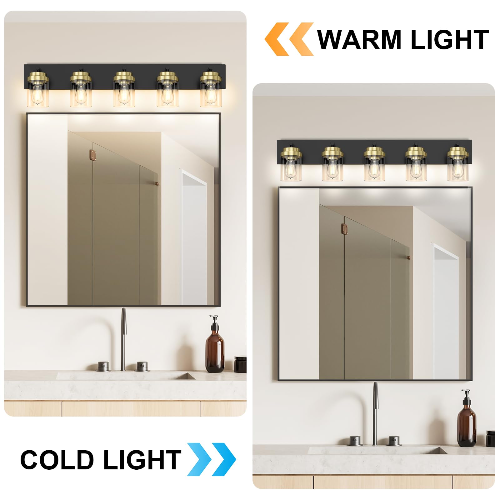 Izorro Bathroom Vanity Light Fixture  5-Light 36 Inch Black And Gold Bathroom Light Fixtures Over Mirror  With Clear Glass Shade  Modern Farmhouse Vanity Lights  Rustic Restroom Lighting Fixtures