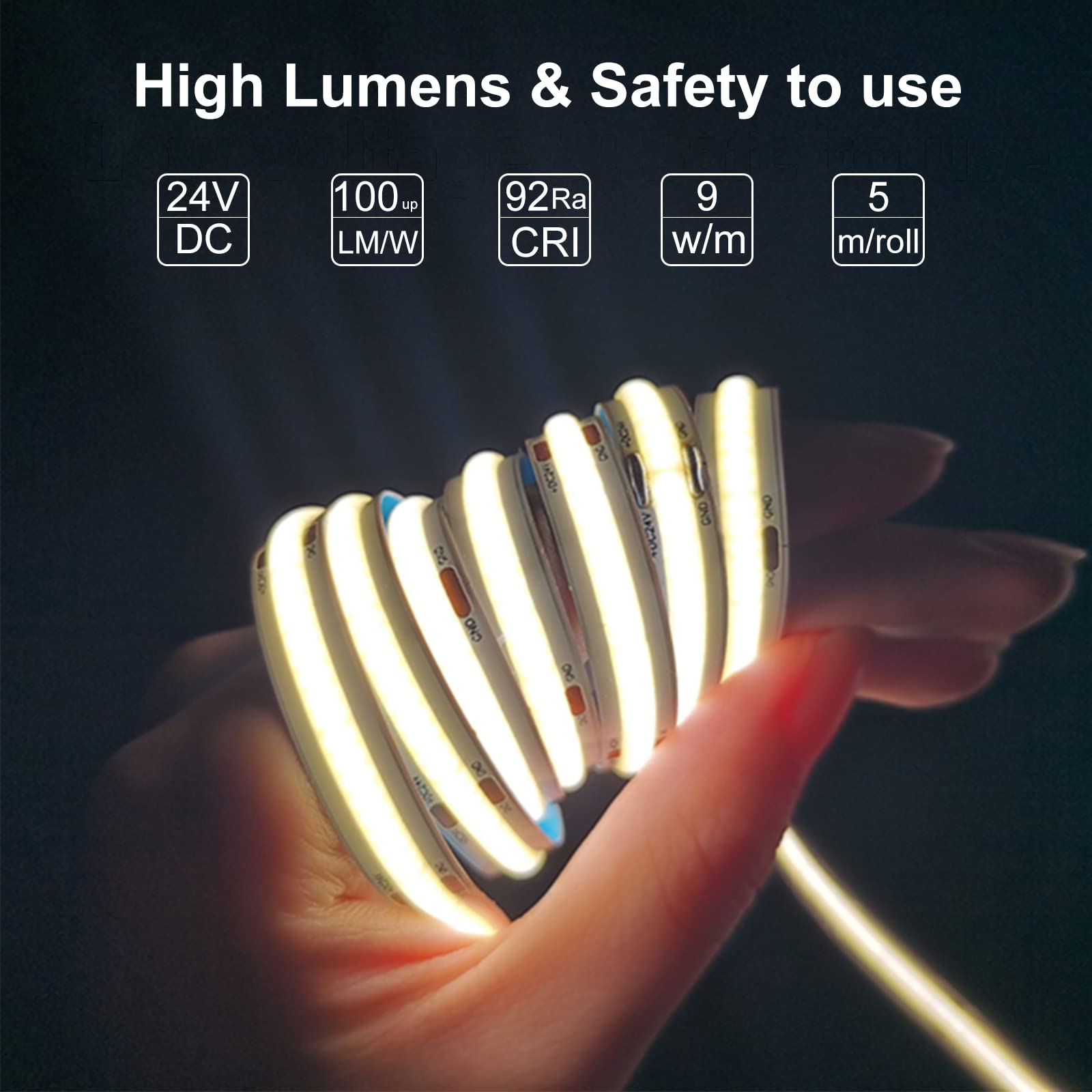 Lltop Cob Led Strip Lights Warm White 3000K, Dc24V 16.4Ft/5M High Cri 92Ra+ Flexible Led Tape Lighting Diy Cuttable For Bedroom