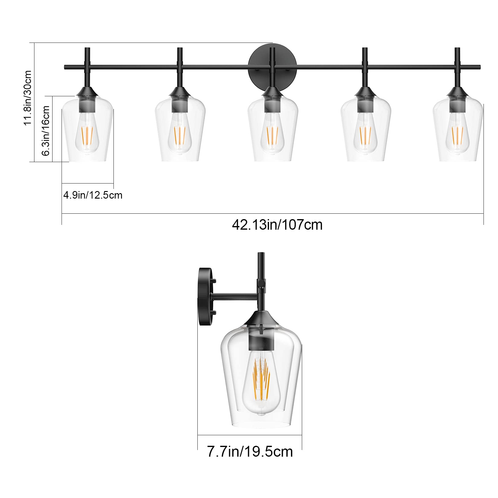 Ralbay Vintage Black Bathroom Vanity Light 5-Light Industrial Matte Black Finish Glass Fixtures Model 1117-5T