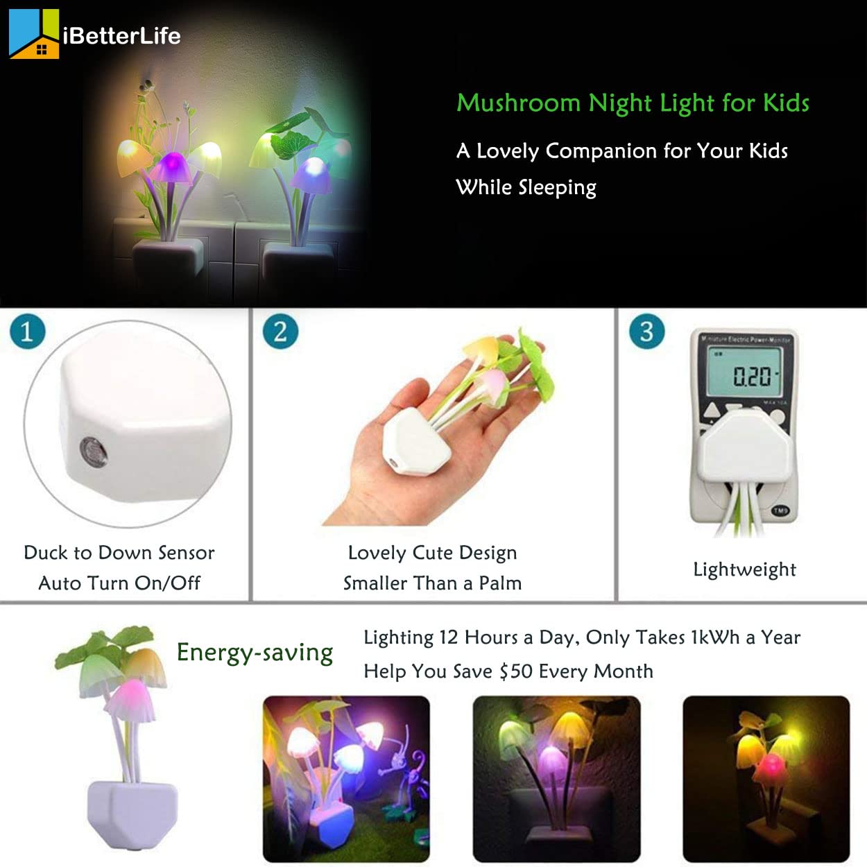 Ibetterlife Led Night Light Smart Sensor 0.6W Color Changing Plug-In Night Lights For Kids Adults Cute Mushroom Night Light Bedr