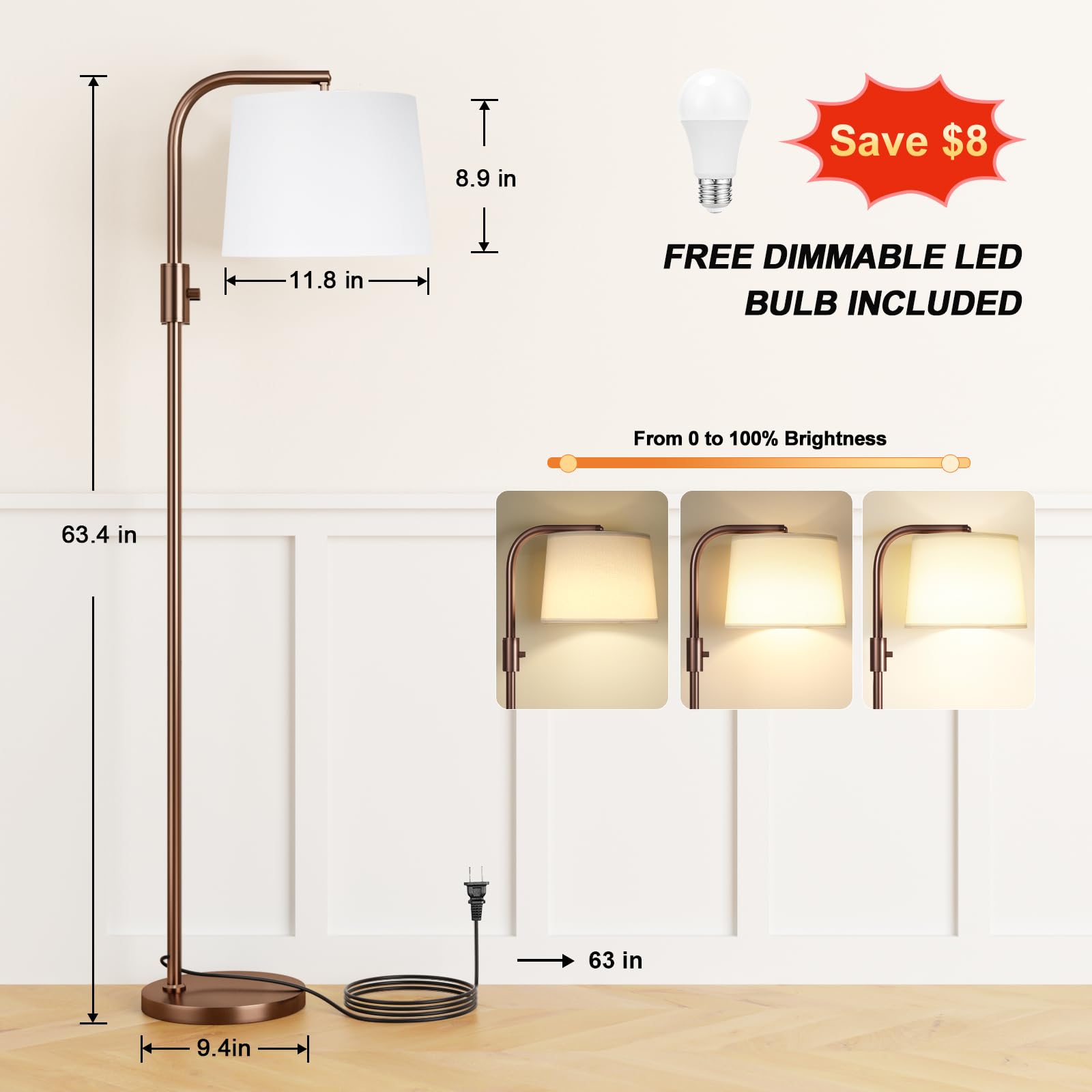 Ambimall Floor Lamp - Fully Dimmable 63.4in Iron Standing Light, Brown and White