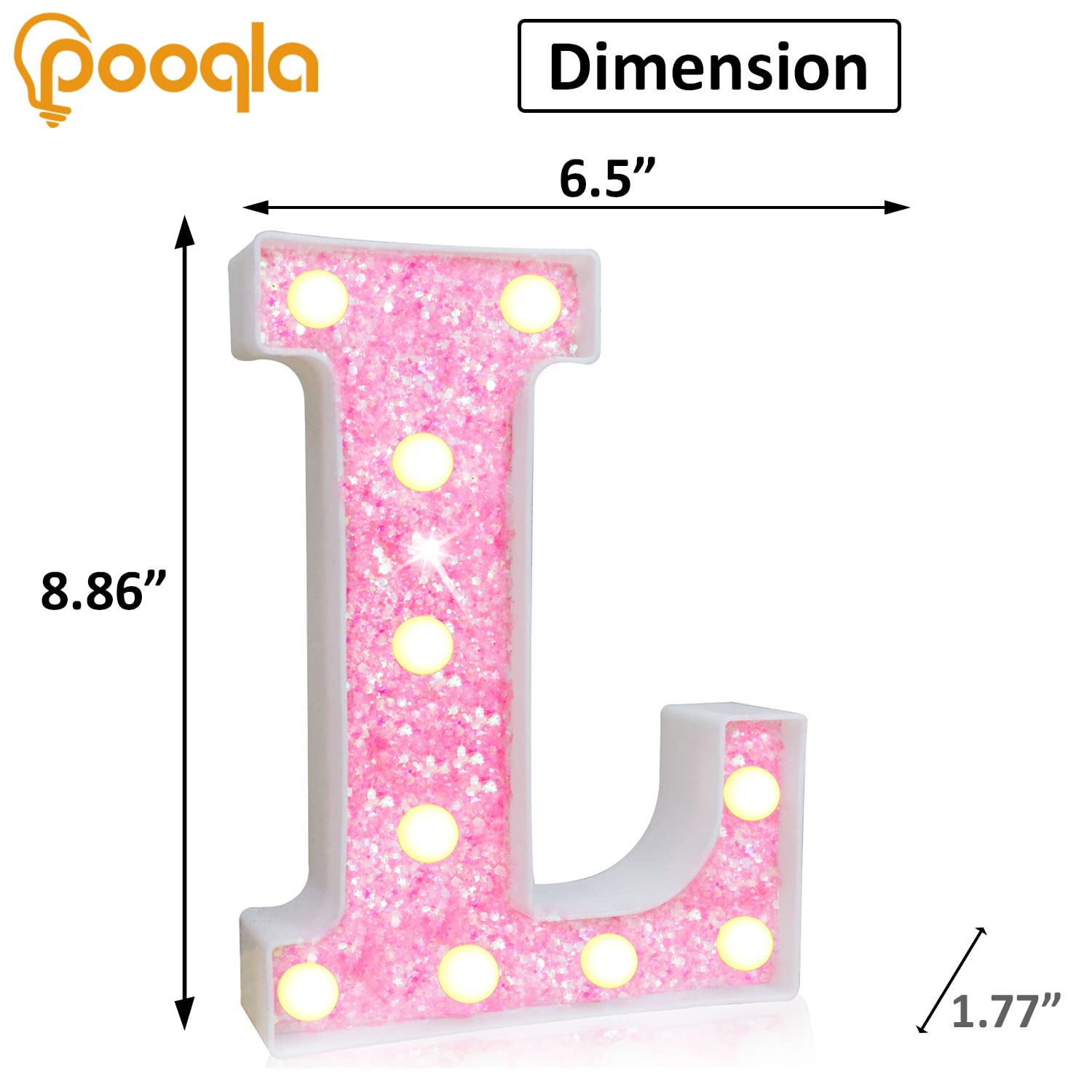 Pooqla Led Marquee Letter Lights, Light Up Pink Letters Glitter Alphabet Letter Sign Battery Powered For Night Light Birthday Party Wedding Girls Gifts Home Bar Christmas Decoration, Pink Letter L
