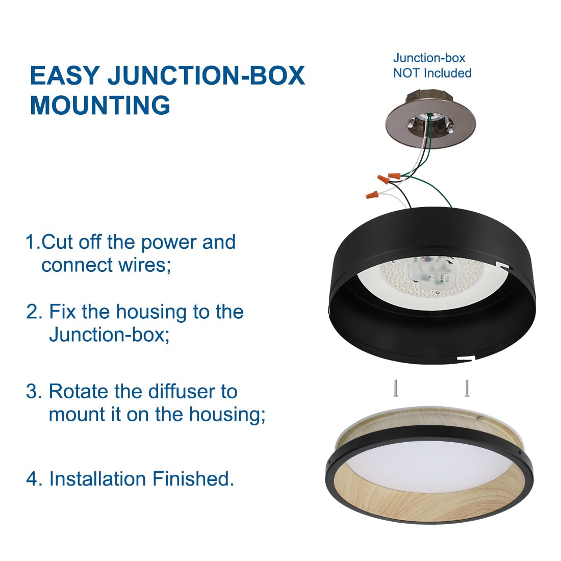 Dakason Led Flush Mount Ceiling Light Fixture 12.5'' 25W 1500Lm, 3000/4000/5000K Cct Selectable, Painted Woodgrain And Black Fra