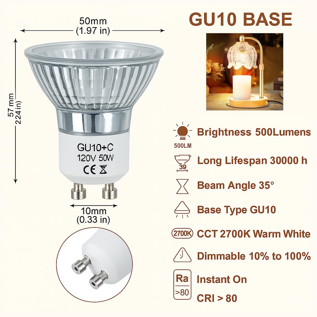 Cinsenten GU10 Halogen Light Bulbs 50W 120V Dimmable Warm White 6-Pack Glass Cover CIN-GU10