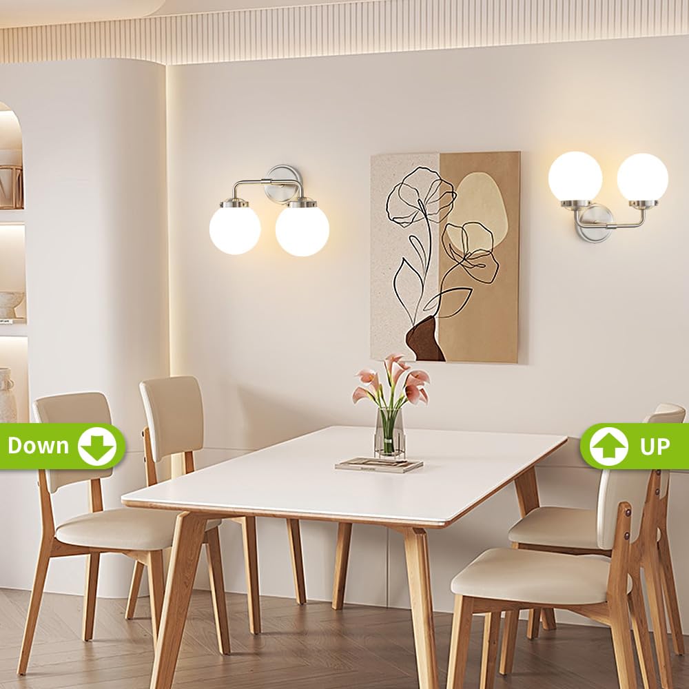 Deyidn Bathroom Light Fixtures Over Mirror, Brushed Nickel Modern Vanity Lighting With Milk White Glass Globe Shades 2-Light Far