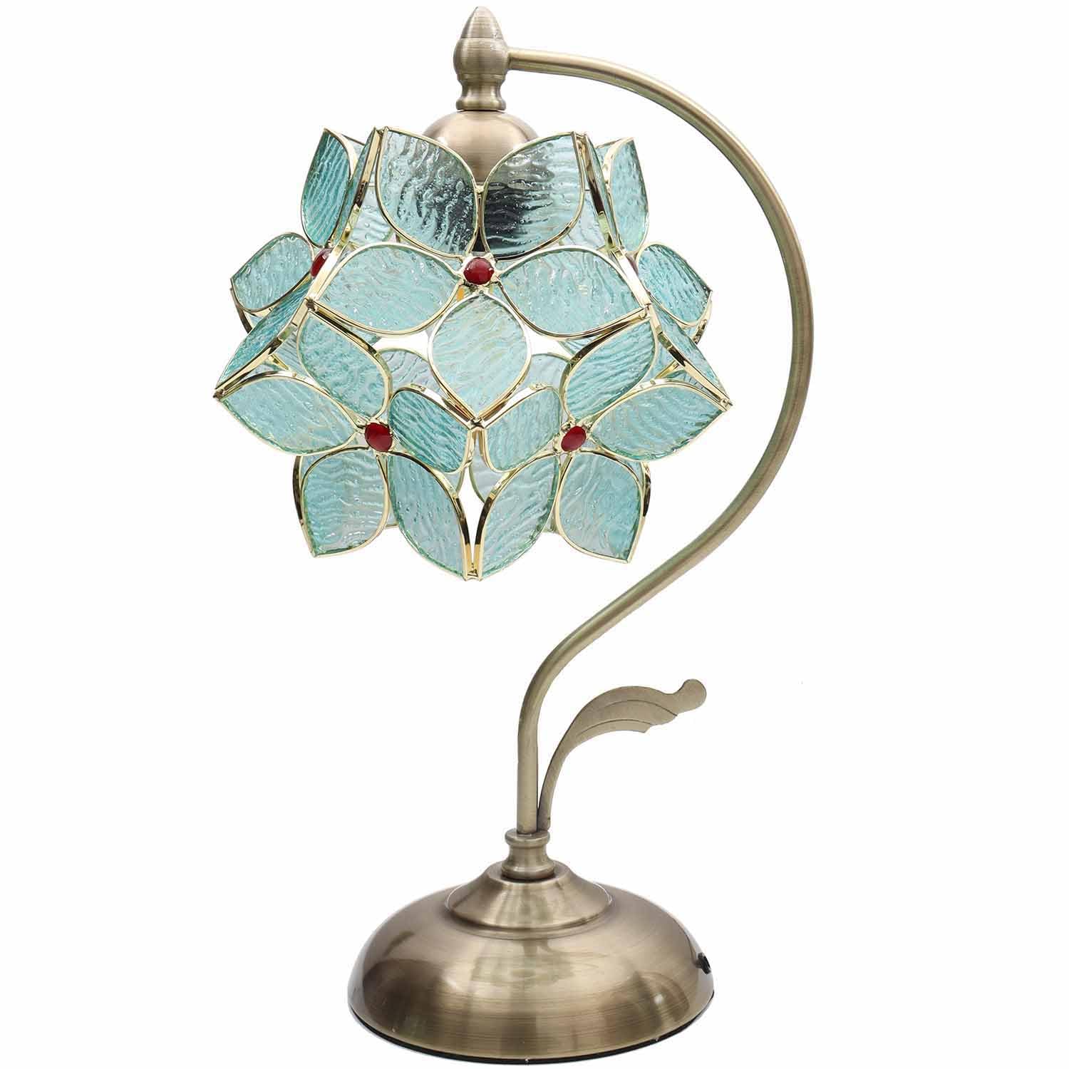 Bieye L10932 Tiffany Style Stained Glass Flower Petal Table Lamp with Brass Base for Home D  cor (Light Blue, 8'' Apple Blossom)