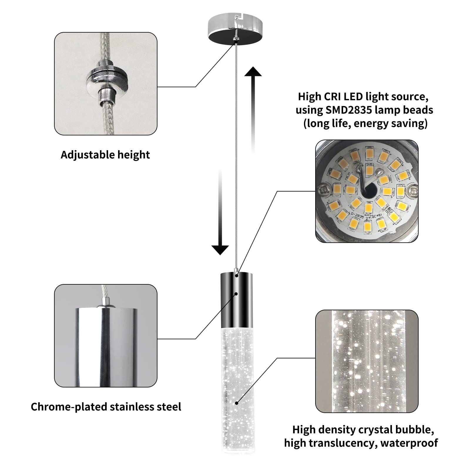 Okeli Chrome Led Bubble Crystal Pendant Light, 6W, 6000K, 3Pack For Kitchen Island & Bar