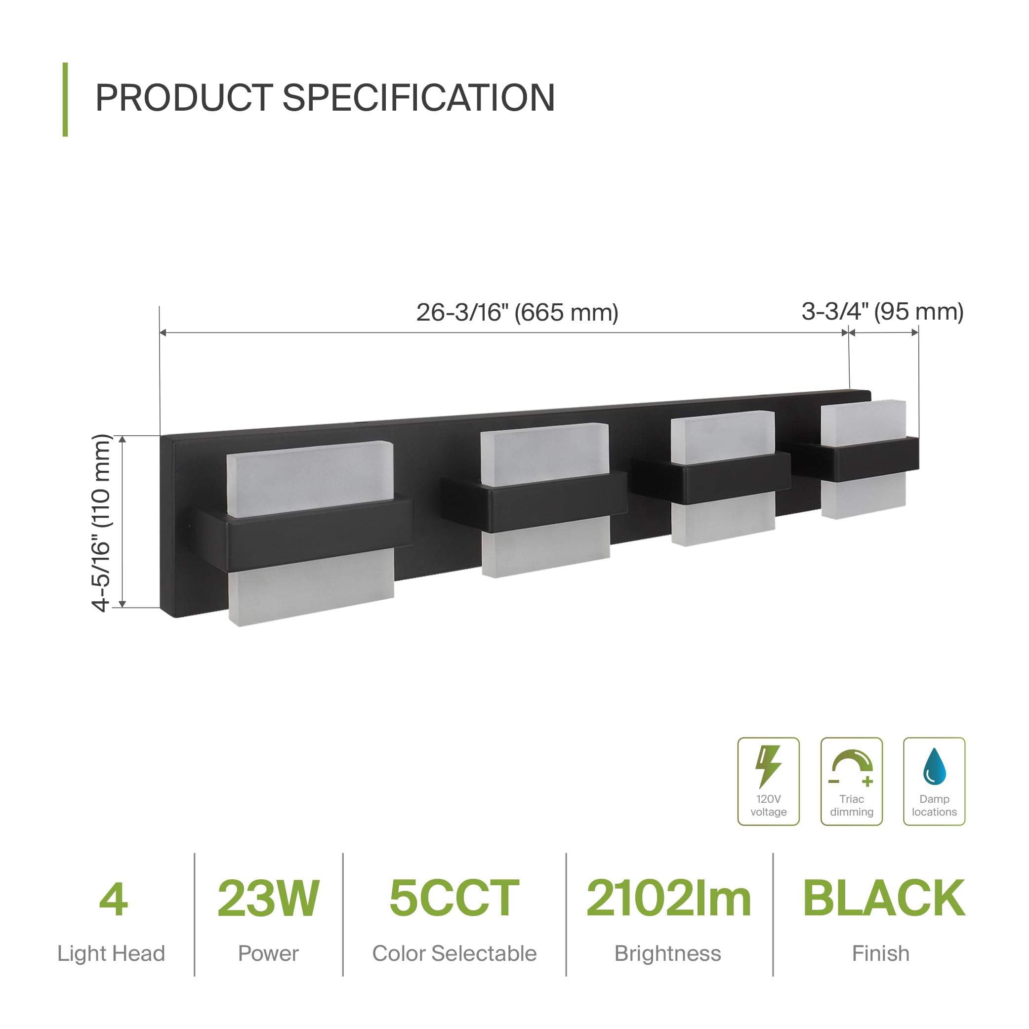 Asd Led 26 Inch Bathroom Vanity Light Fixture | 4-Lights 23W 2100Lm 2700-6000K 120V | 5Cct, Dimmable, Up And Down Illumination,