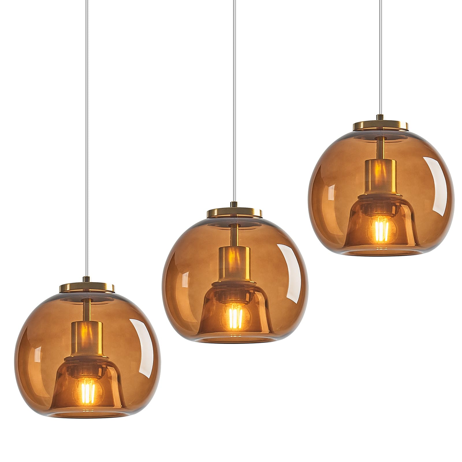 Lbsqj Brown Glass Pendant Lights Kitchen Island Gold Hanging Light Fixture Glass Globe Pendant Light Modern Pendant Lighting For Kitchen Island Bedroom Dining Room (7.87  3 Pack)
