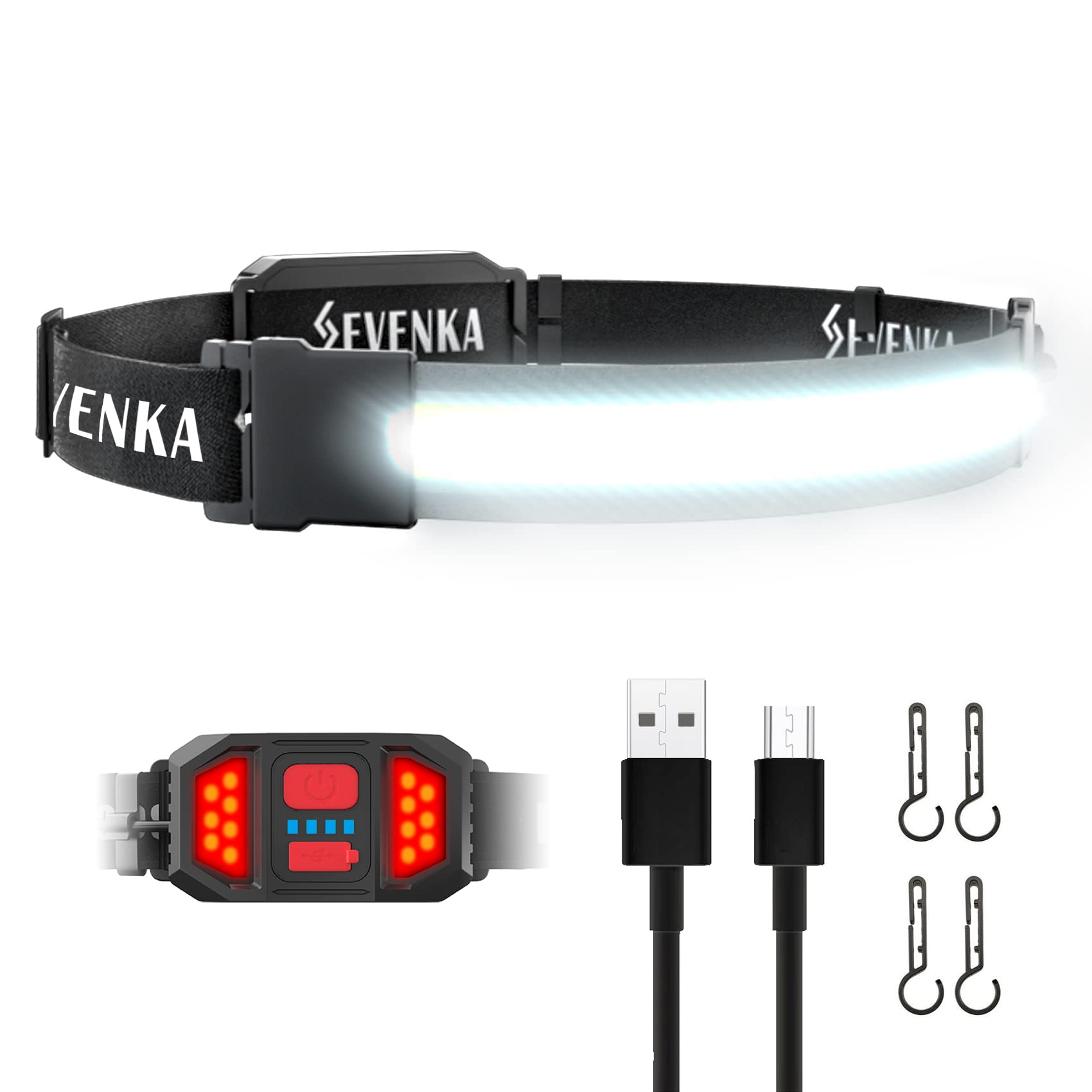 Sevenka Led Headlamp Rechargeable  Bright Headlamp Flashlight  Wide Beam  500 Lumen  210 Illumination Headband Light  3.8 Oz Lightweight Head Lamp With Clips For Hard Hat  Running  Camping  Hiking
