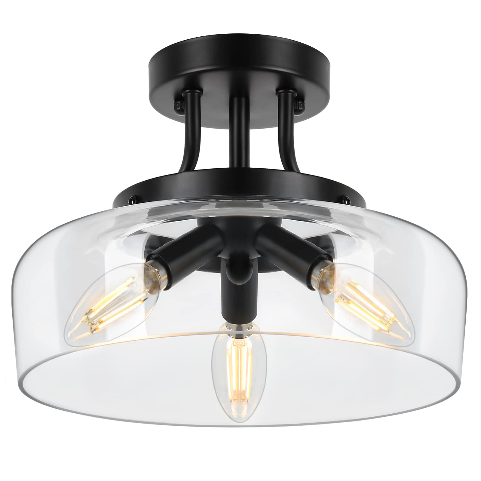 Tobusa Modern Industrial 3-Bulb Black Semi Flush Mount Ceiling Light With Glass Shade