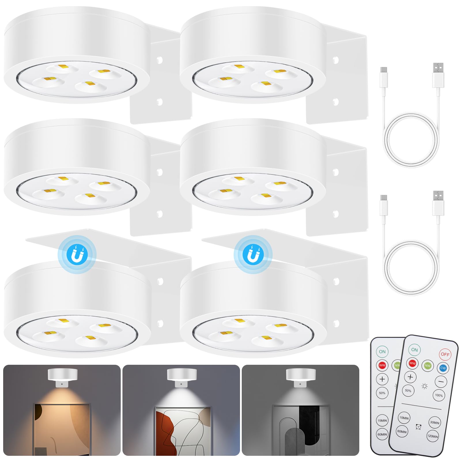 SIXDEFLY Picture Lights for Wall, 3 Lighting Modes, Dimmable, 6 Pack, Rechargeable, White